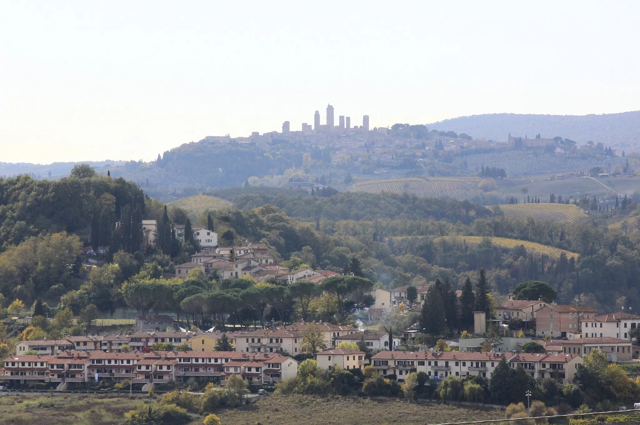 Photo showing: Panorama of Ulignano, hamlet of San Gimignano, Val d’Elsa, Province of Siena, Tuscany, Italy (in the background: San Gimignano)