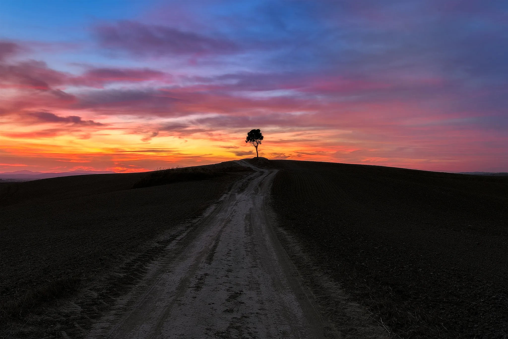 Photo showing: 500px provided description: Alone In The Light [#sky ,#landscape ,#red ,#sunset ,#color ,#blue ,#sunlight ,#clouds ,#italy ,#outdoor ,#tree ,#road ,#natural ,#silhouette ,#alone ,#warm ,#purple ,#countryside ,#sundown ,#long exposure ,#hills ,#rural ,#tuscany ,#nobody ,#burning sky ,#crete senesi]
