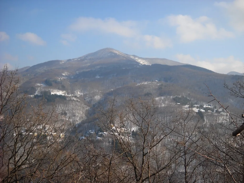 Photo showing: Il M. Pidocchina 1296 m e le borgate di Frassignoni dalla Mulattiera di Granaglione