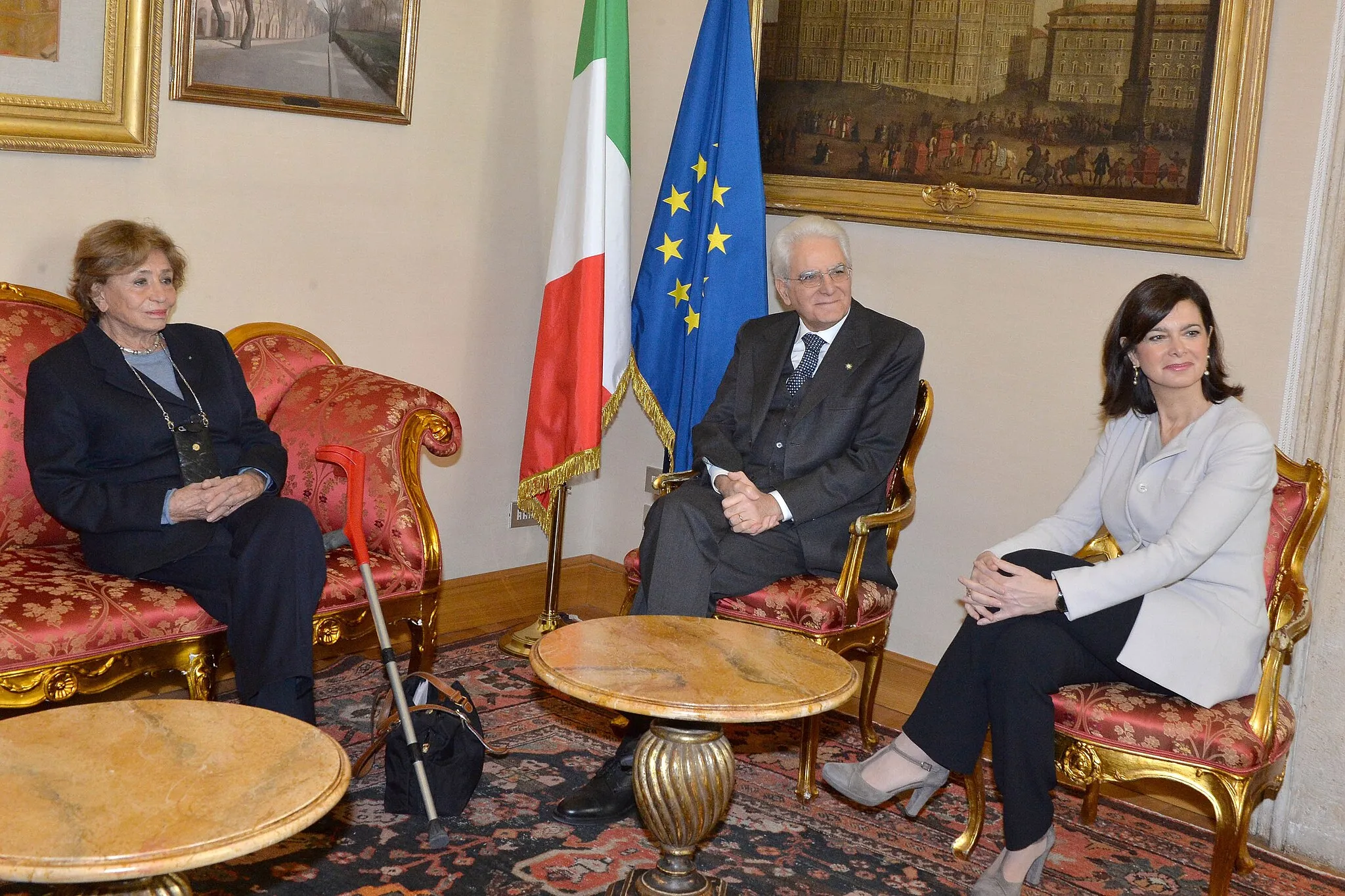 Photo showing: Il Presidente Sergio Mattarella con Laura Boldrini e Luciana Castellina in occasione della presentazione dei volumi "Lucio Magri. Attività parlamentare"