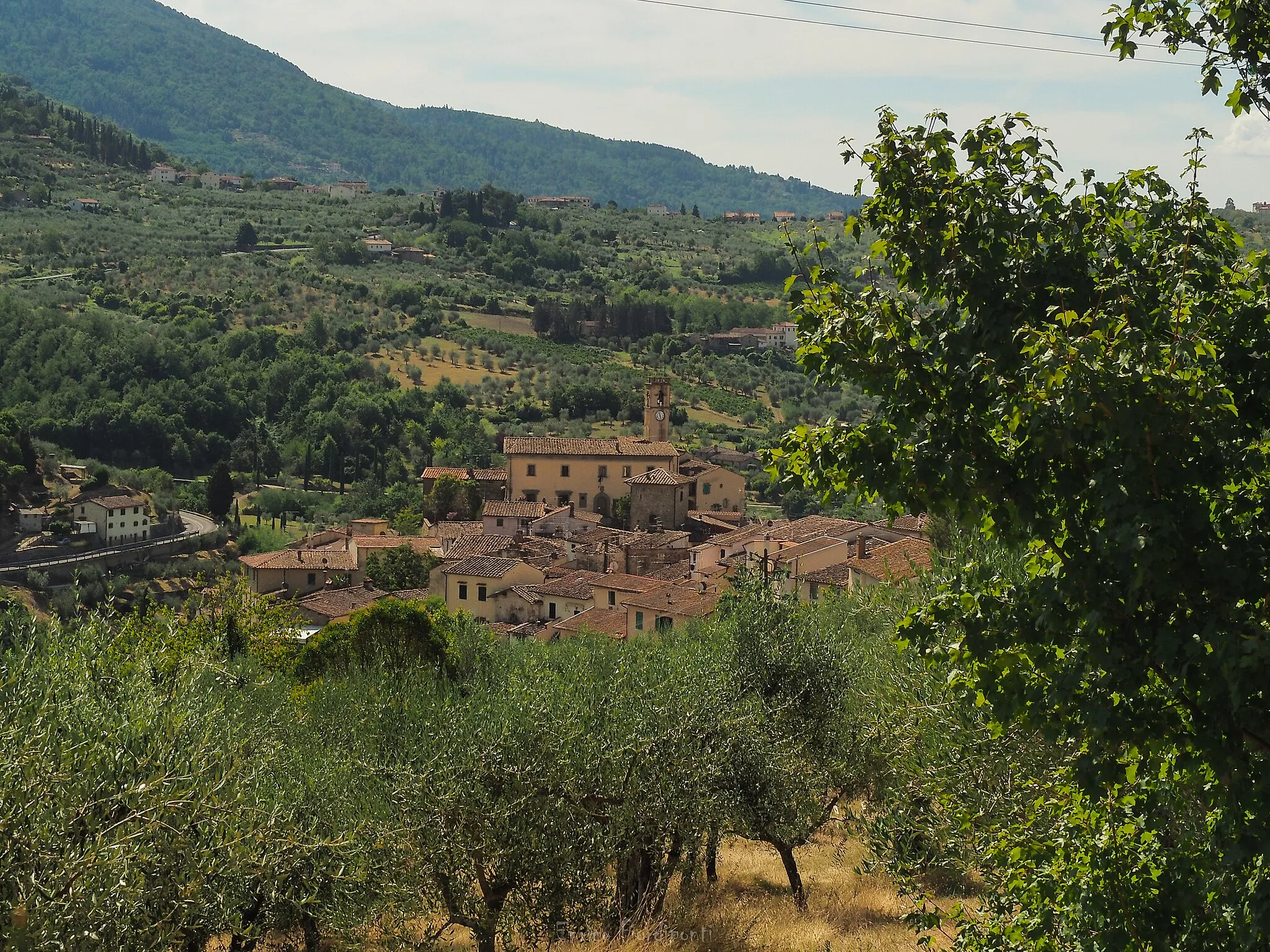 Photo showing: Pelago che si staglia sulle campagne circostanti; si può ancora notare l'antico assetto del castello medievale trasformato poi in un Palazzo