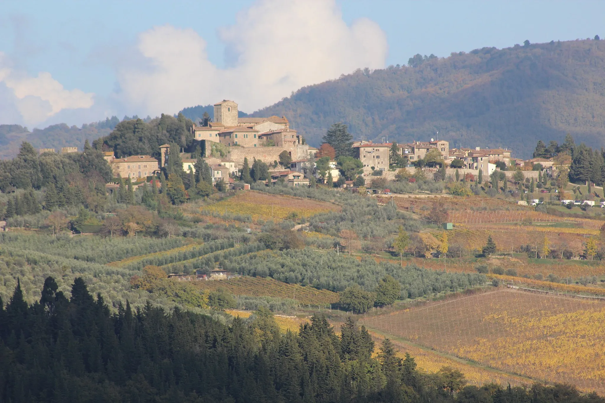 Photo showing: Panorama of Panzano in Chianti, hamlet of Greve in Chianti, Province of Florence, Tuscany, Italy