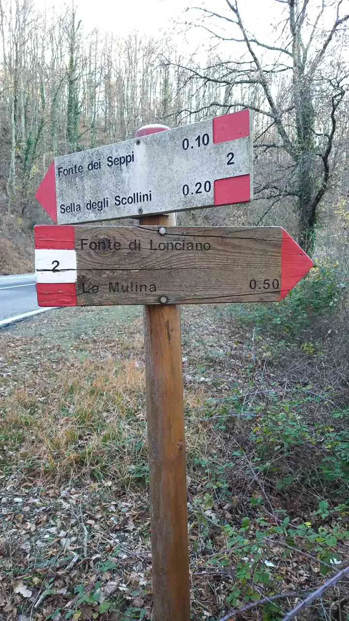 Photo showing: Segnavia sentiero CAI 2, sezione CAI di Sesto Fiorentino, posto in Monte Morello poco sopra la fonte di Lonciano all'incrocio con la strada Via dei Colli Alti