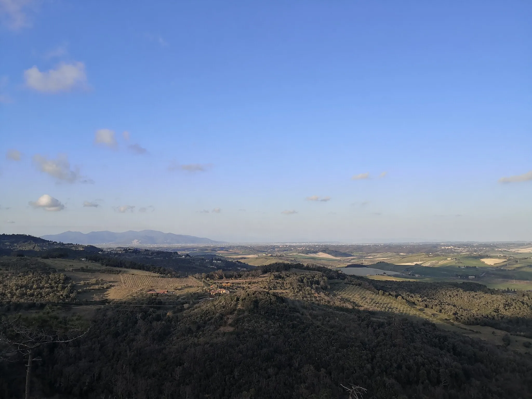 Photo showing: Vista verso nord dall'anticima settentrionale di Poggio Pelato in un pomeriggio primaverile. Da sinistra a destra si possono notare: -) il profilo del Monte Pisano; -) i borghi di Fauglia e Luciana; -) oltre essi, la piana di Cascina e Pontedera; -) più in primo piano, il borgo di Lorenzana.