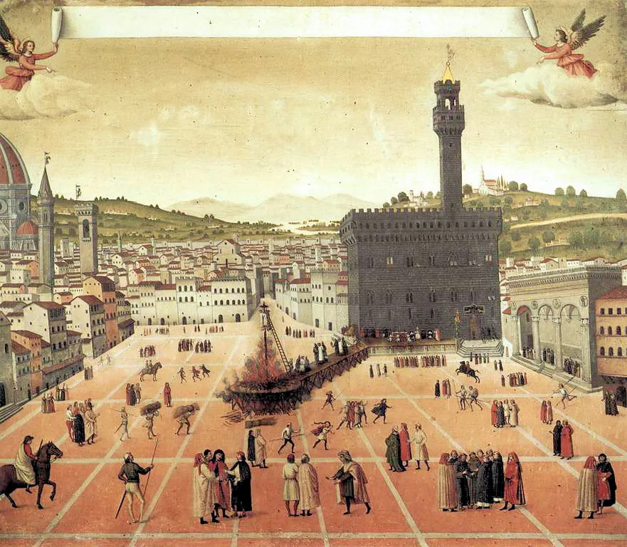 Photo showing: Hanging and burning of Girolamo Savonarola in Piazza della Signoria in Florence in 1498.
17th-century copy of a contemporary original attributed to Francesco Rosselli.
In a contemporary copy from Perugia, the scroll held by angels bears the inscription "ecce quomodo moritur iustus et viri sancti de terra tolluntur". 
This is a quote by Savonarolia, its addition amounting to a condemnation of the execution, while the Fiorentine original by  Rosselli had the intent of minimizing the impact of the event,

representing the audience in small, indifferent and otherwise busy groups.