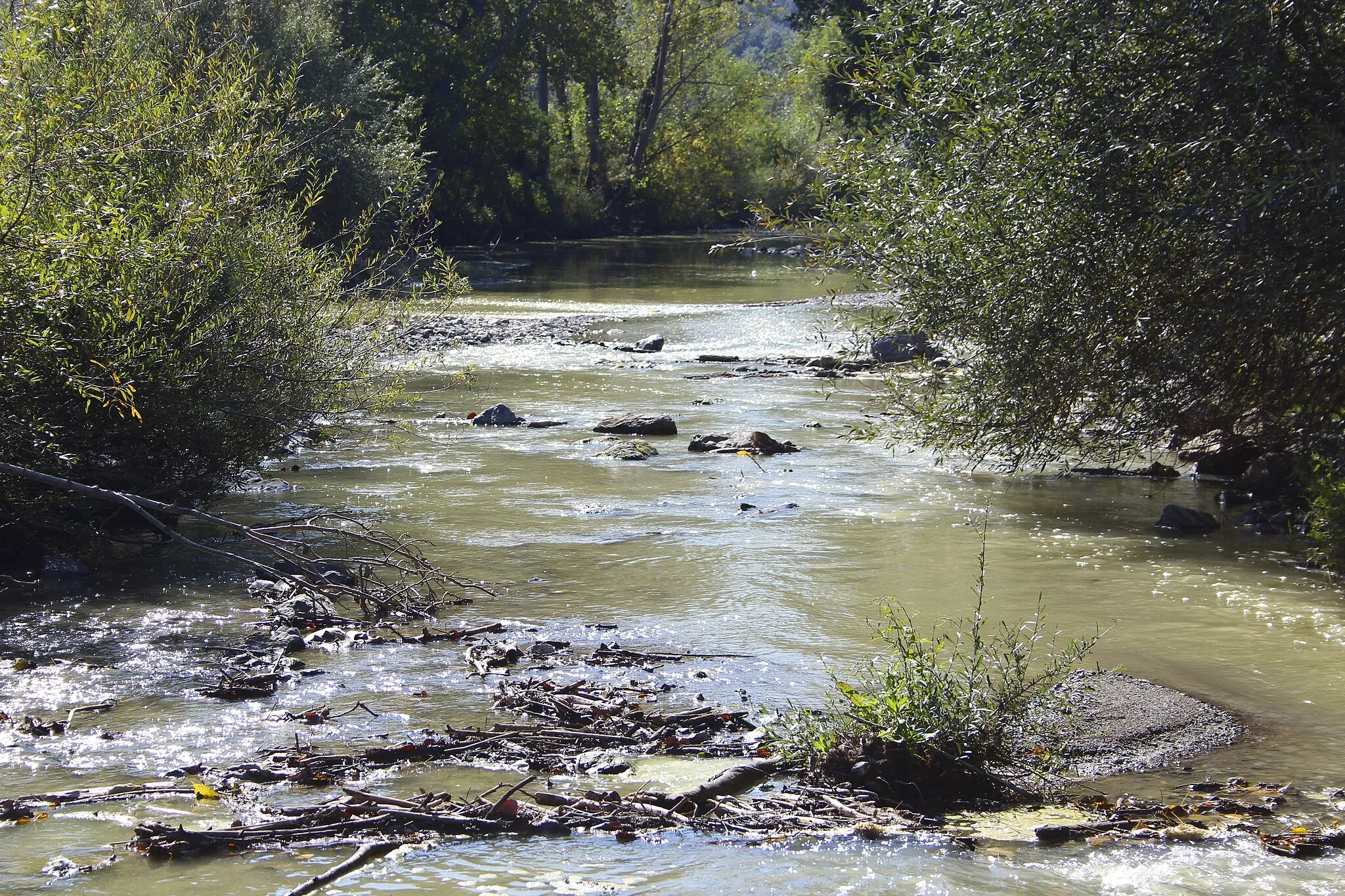 Photo showing: The Ombrone River at La Befa, hamlet of Murlo, Province of Siena, Tuscany, Italy