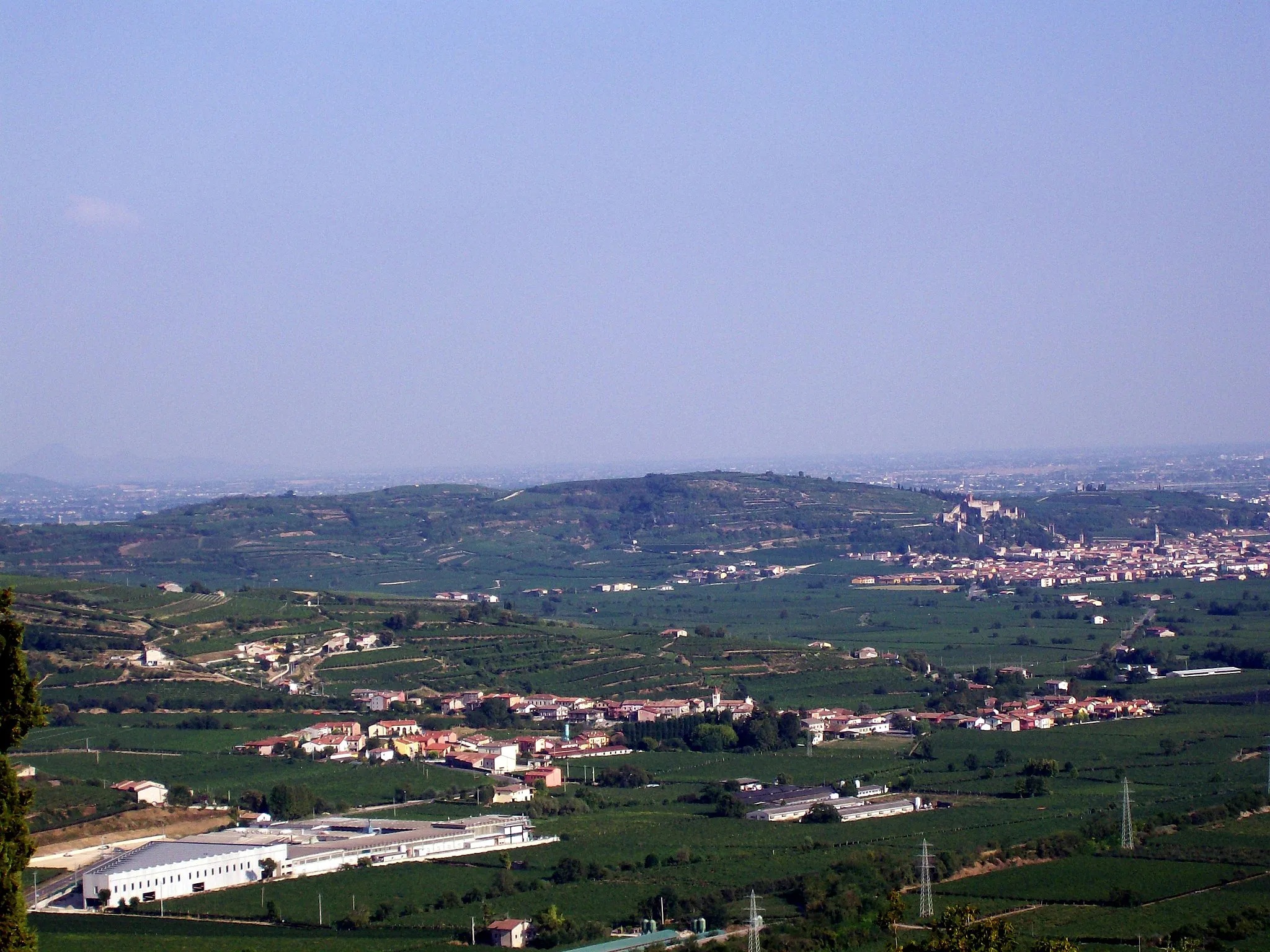 Photo showing: Veduta del paese di Costeggiola. In lontananza Soave ed i Colli Euganei.