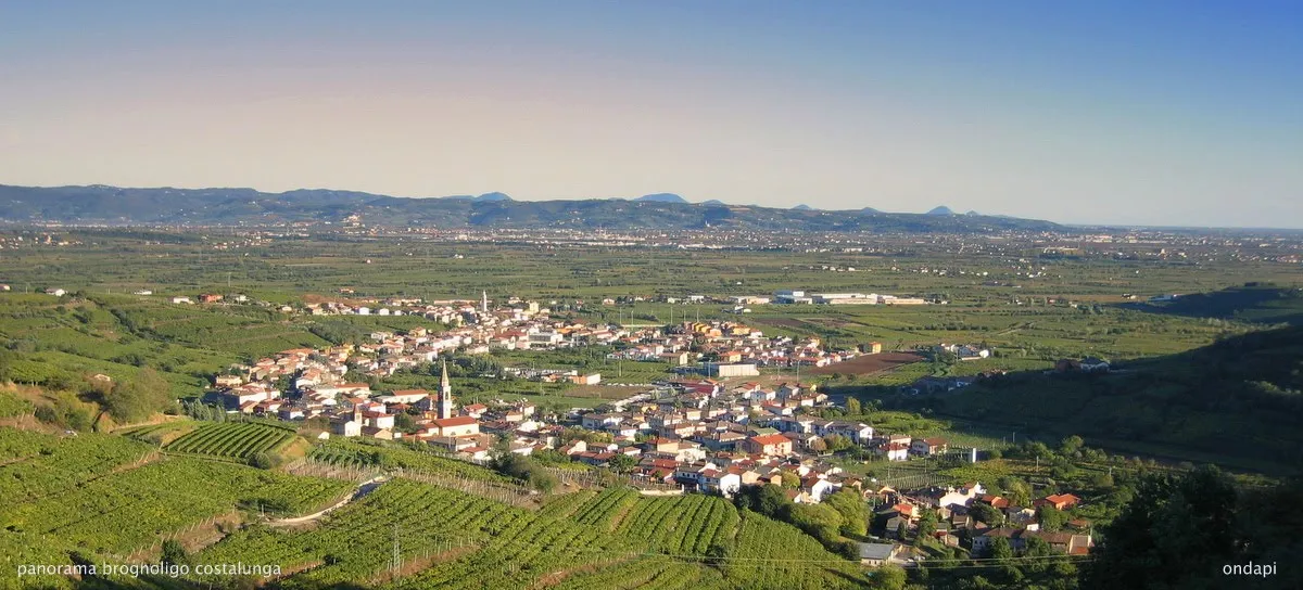 Photo showing: Veduta di Brognoligo e Costalunga dal colle Castellaro
Sullo sfondo i Colli Berici e gli Euganei