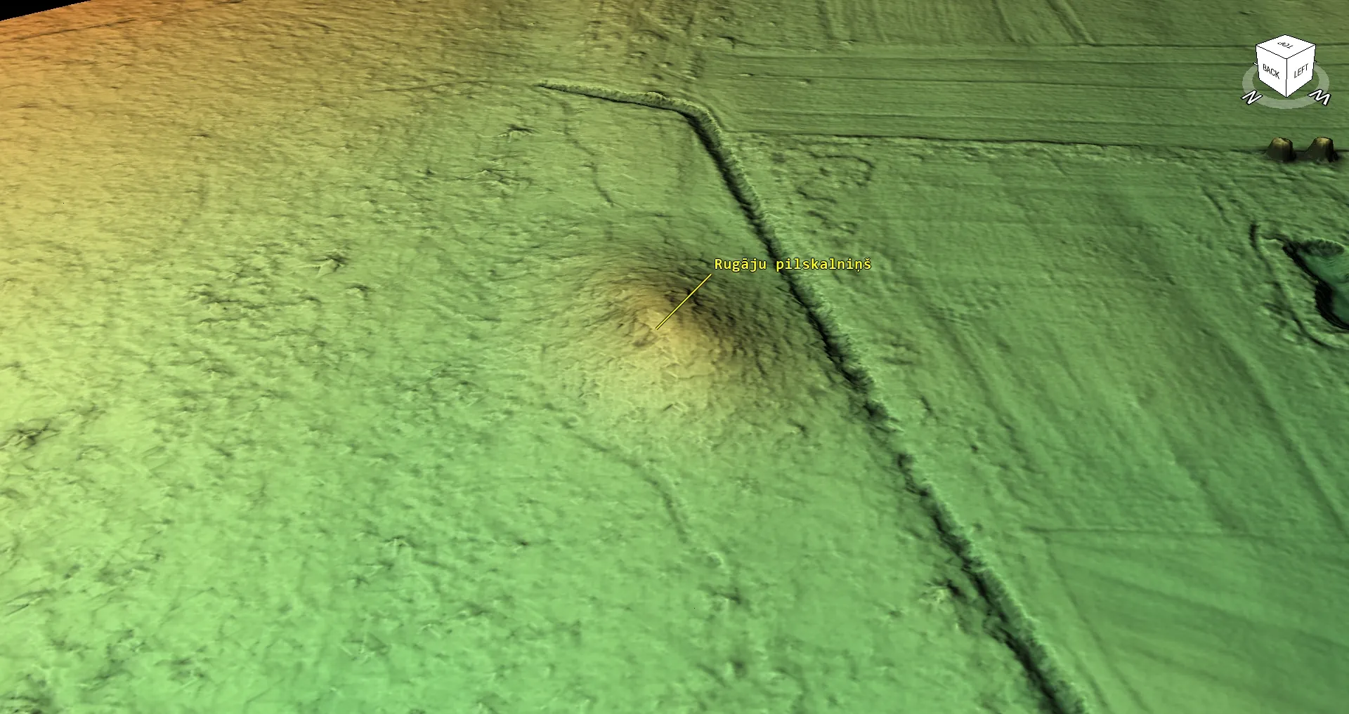 Photo showing: Rugāju pilskalna 3D modelis. Veidots no brīvpieejas Lidar datiem, izmantojot lietotni planlaufTerrain