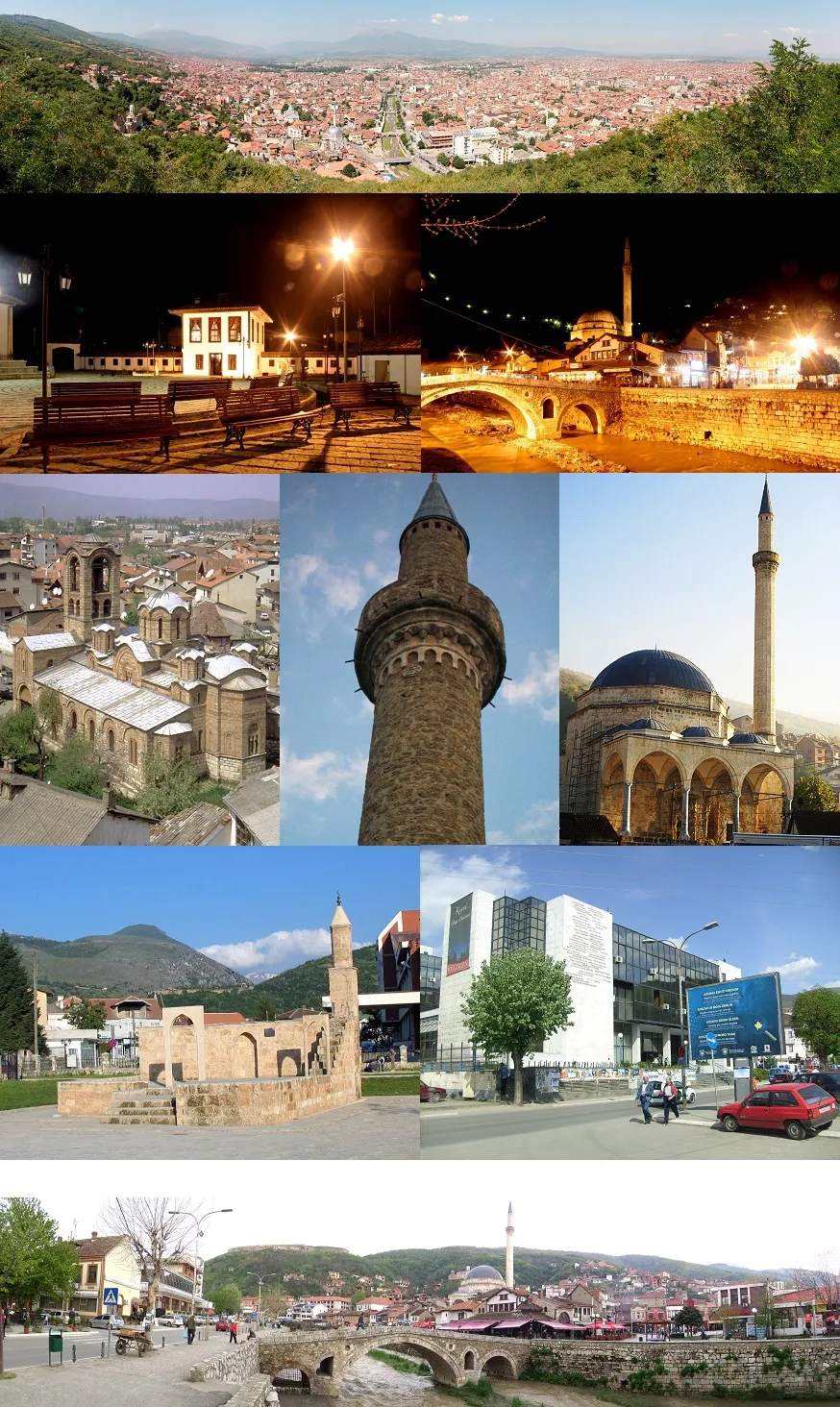 Photo showing: Prizren: Panorama, League of Prizren, Old Stone Bridge, Prizren, Our Lady of Ljeviš, Minaret of Arasta Mosque, Sinan Pasha Mosque, Namazgâh, Municipality Building, Panorama of Prizren river.