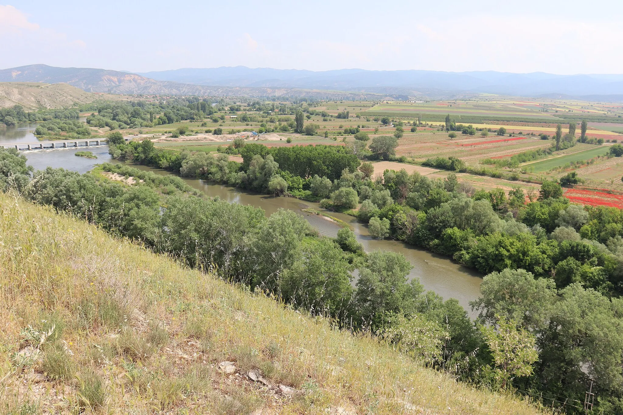 Photo showing: The Vardar River and the fields of Pepelište. Photo taken from the archaeological site of Gradište.