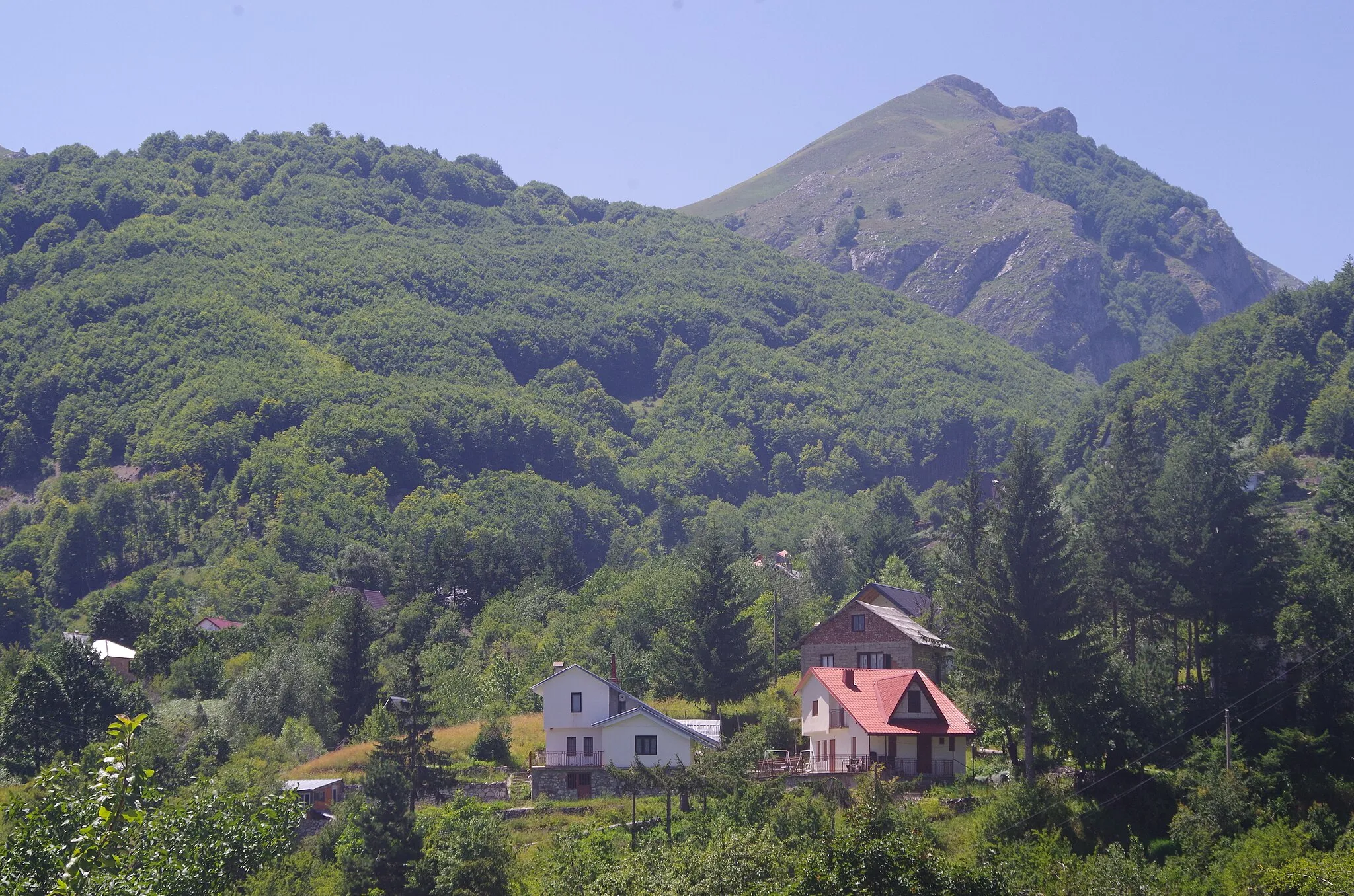 Photo showing: Houses in the village of Gorna Belica with Čumin Vrv (2,125 m) in the background