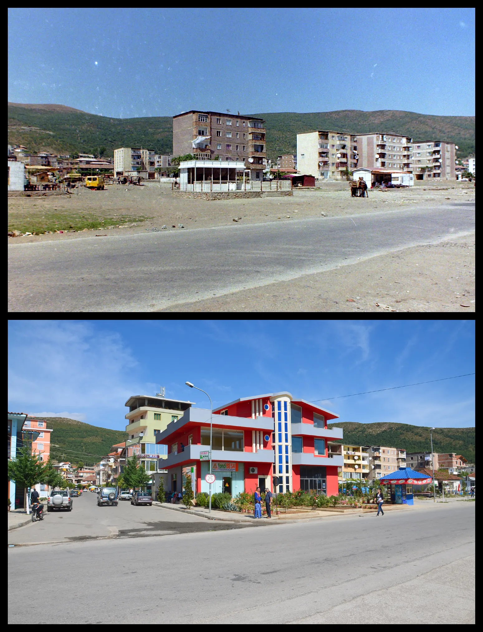 Photo showing: Prrenjas, Elbasan, Albania in 1995 vs 2013 from same place, same heading
First picture taken in August 1995

Second in September 2013