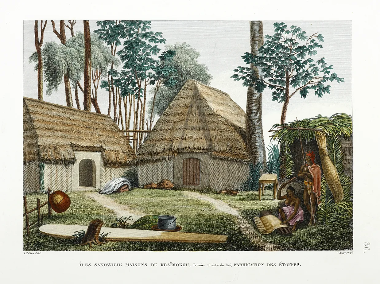 Photo showing: A depiction by Alphonse Pellion, the artist who accompanied French explorer Louis de Freycinet to the Sandwich Islands (now the Hawaiian Islands) on board the Uranie, of the esteemed Prime Minister Kalanimoku standing in the doorway of one of his houses in the company of his wife Likelike, shown with her right arm raised and about to strike a sheet of kapa. In the foreground is an Olo board, the largest of the Hawaiian wood surfboards. Reserved for royalty, they ranged in size from 1.8 to 8 meters.