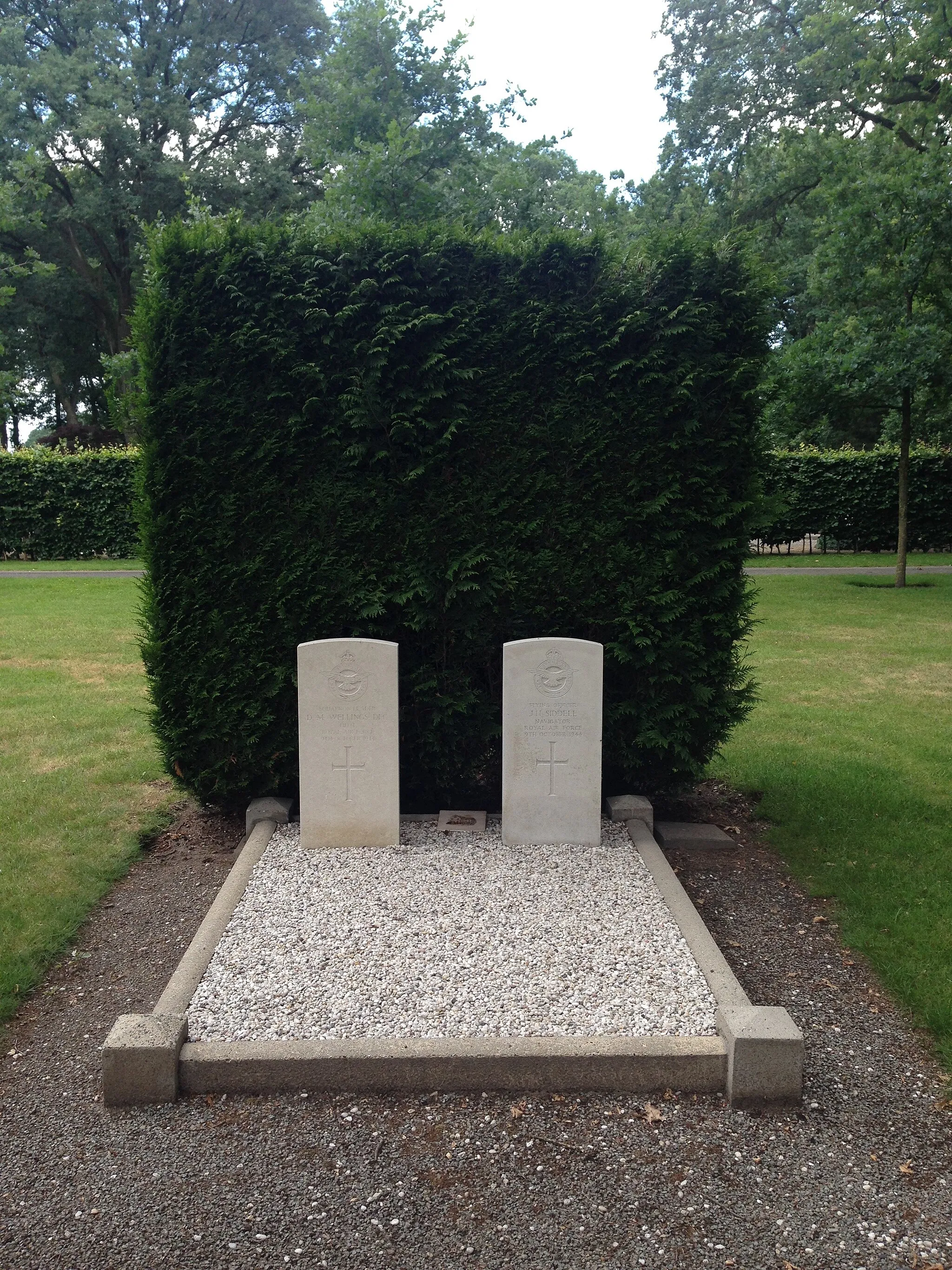Photo showing: Two Commonwealth War Graves in the General Cemetery of Voorthuizen in Gelderland, the Netherlands. Left: Squadron Leader Donald Wellings; right: Flying Officer James Siddell. Both served in 613 Squadron RAF, and died on 9 October 1944.