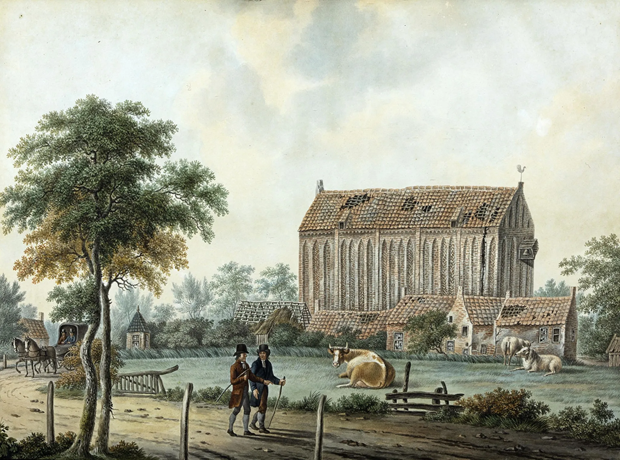 Photo showing: Noordzijde van de kerk te Scharmer met pastorie, school en onderwijzerswoning, kort voor de afbraak in 1824. Gemaakt in opdracht van Theunis Haakma Tresling van de veenborg Woellust te Scharmer.