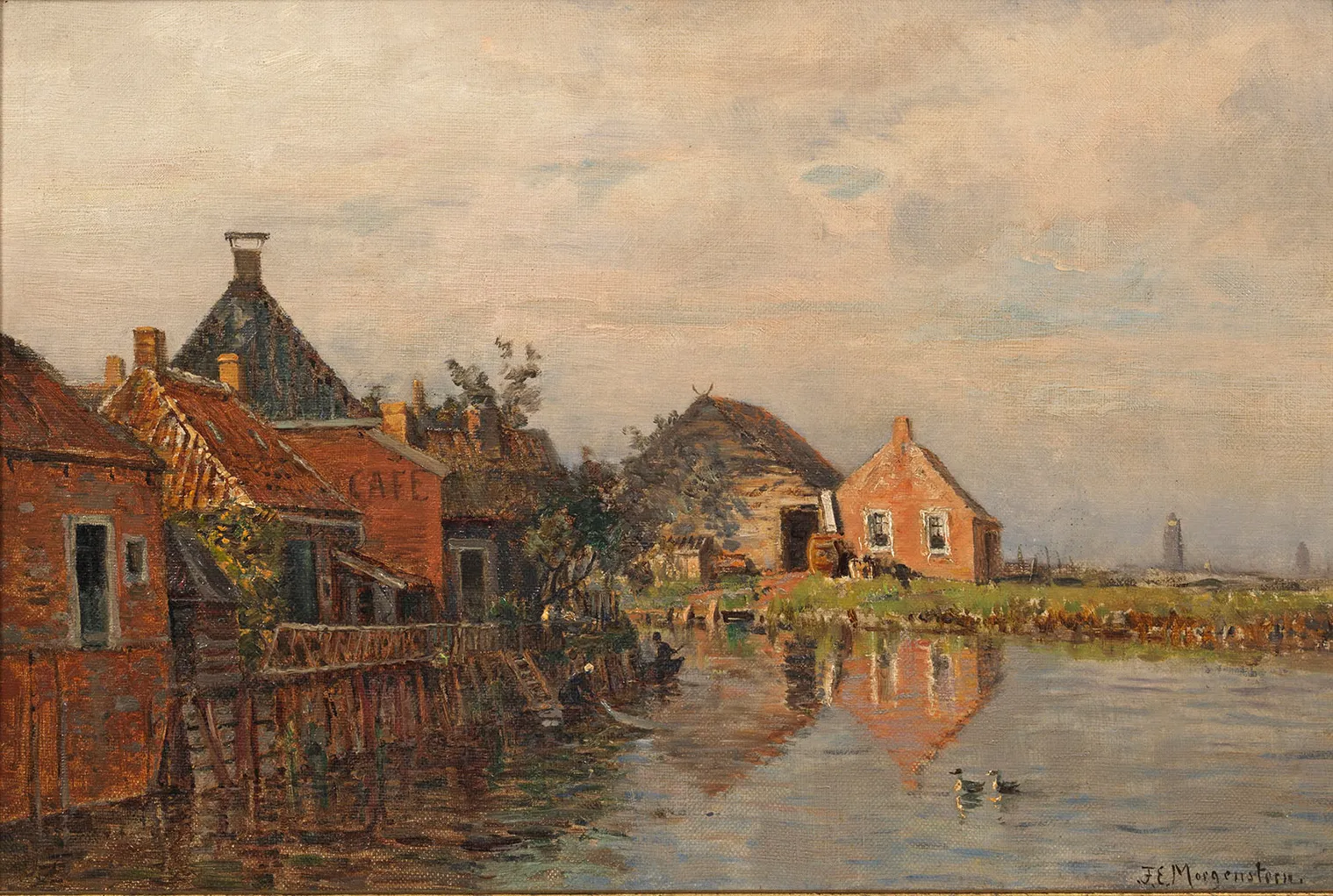 Photo showing: (Sommerabend in Farmsum bei Delfzijl. Öl auf Leinwand, rechts unten signiert, verso alte Bezeichunng mit Ortsangabe. 28 cm x 41 cm