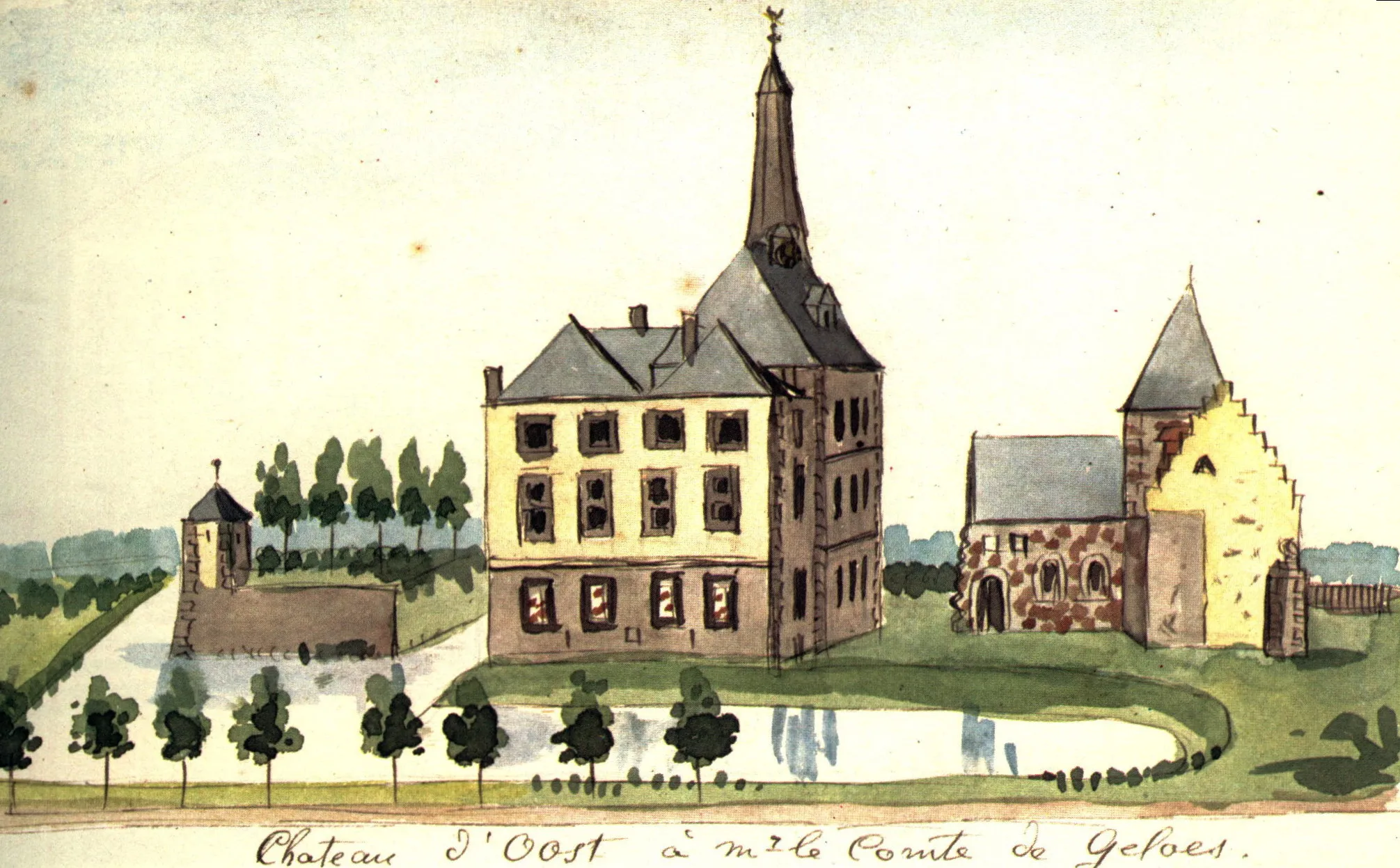 Photo showing: View of Oost Castle in Eijsden, near Maastricht, Limburg, the Netherlands. Drawing by Philippus van Gulpen (c 1840-60)
