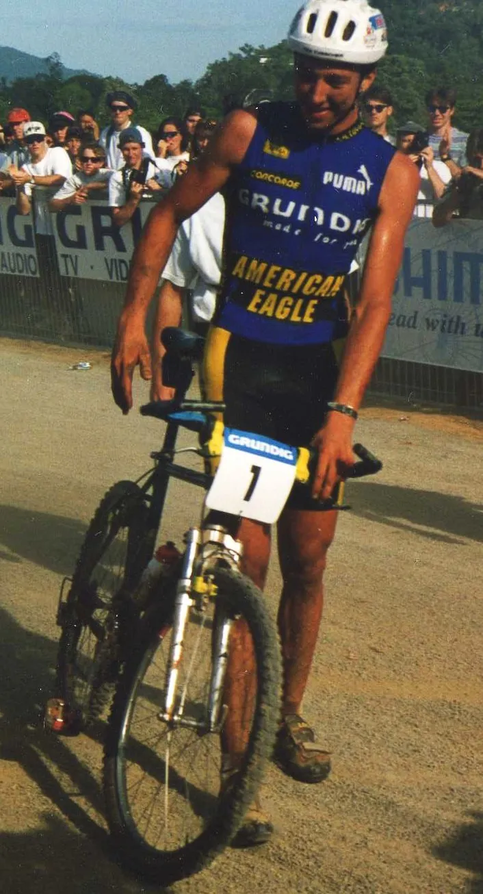 Photo showing: Photograph of Bart Brentjens, taken after winning the Cairns UCI Grundig Mountain Bike World Cup mountain bike race in 1994