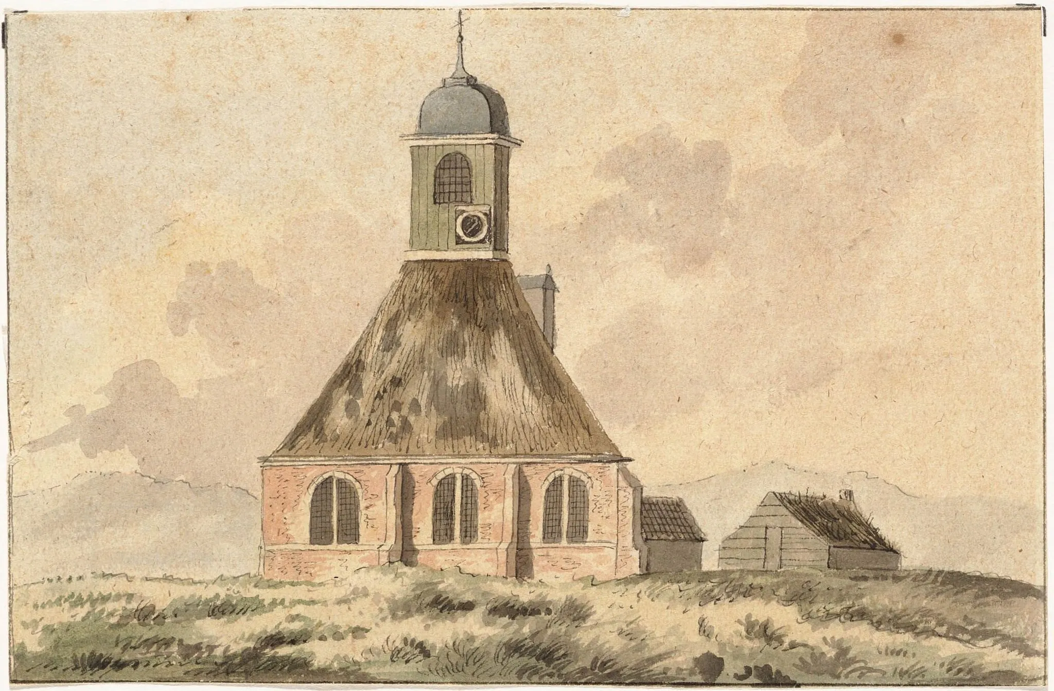 Photo showing: "Kerk te Kamp, 1795", de kerk met rechts een laag schuurtje en op de achtergrond de duinen.
