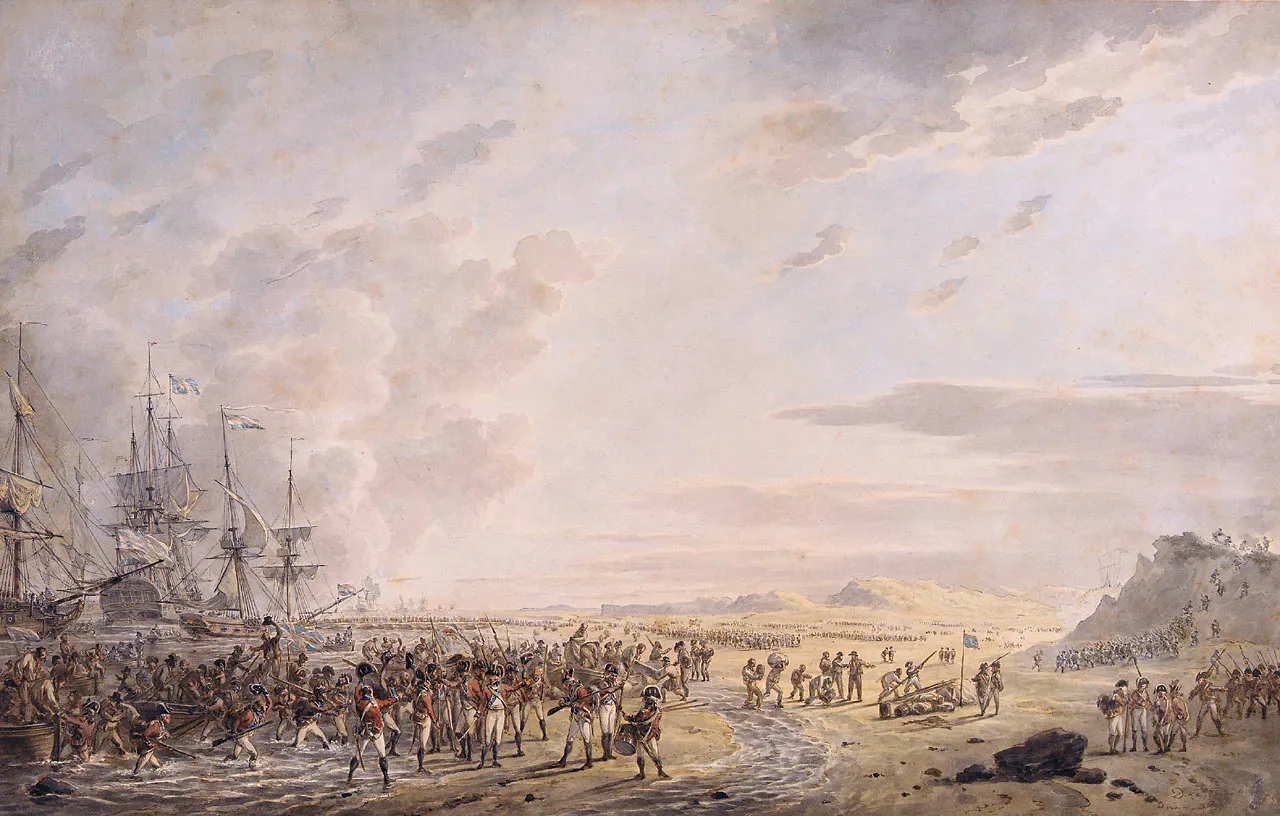 Photo showing: Landing of English troops at Calantsoog, North Holland on 27 August, 1799.
inscribed: ad vivem 1799
size: 24 x 37.8 cm
