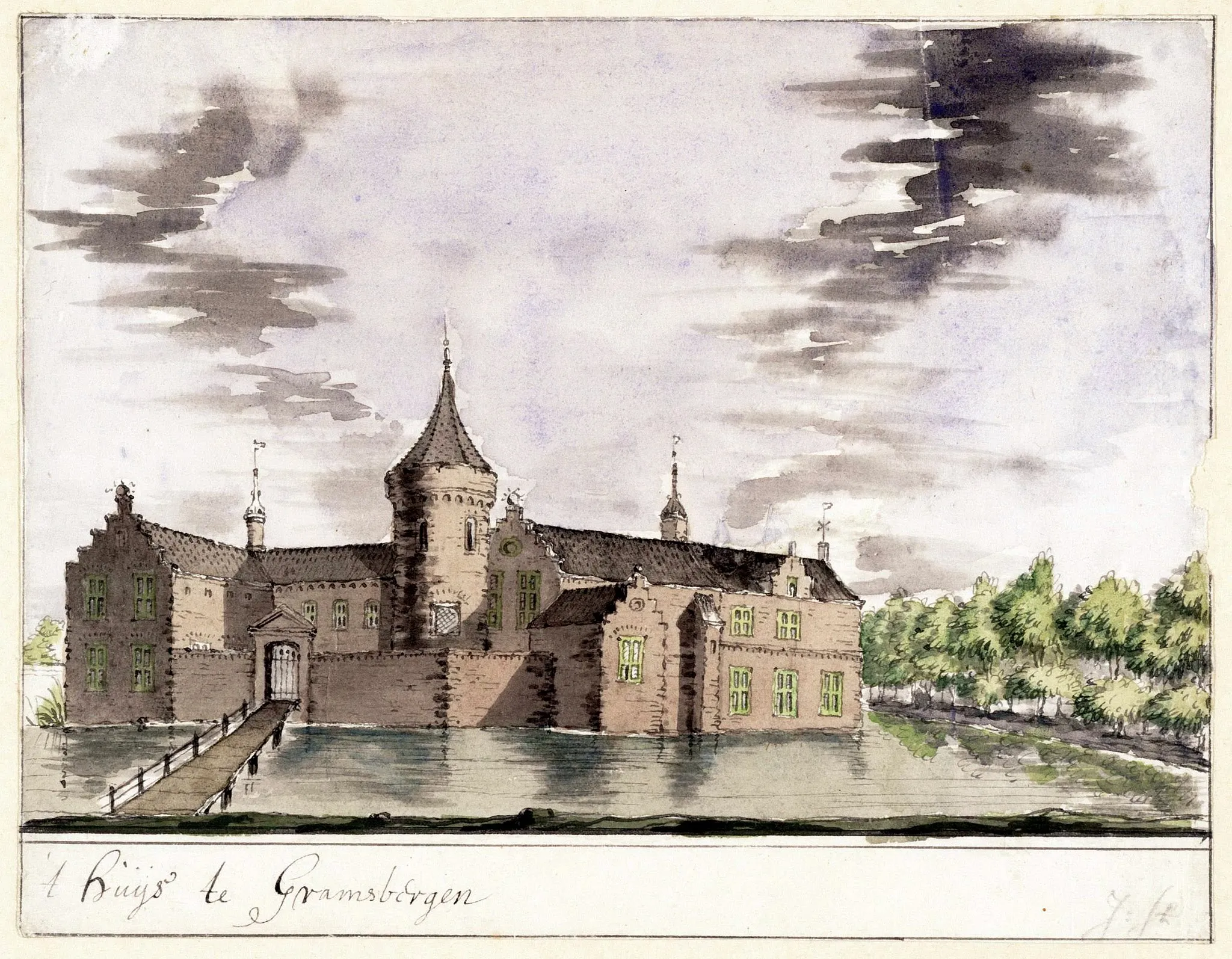 Photo showing: Tekening van Huis Gramsbergen, toegeschreven aan Jacobus Stellingwerf, gedateerd ca. 1725