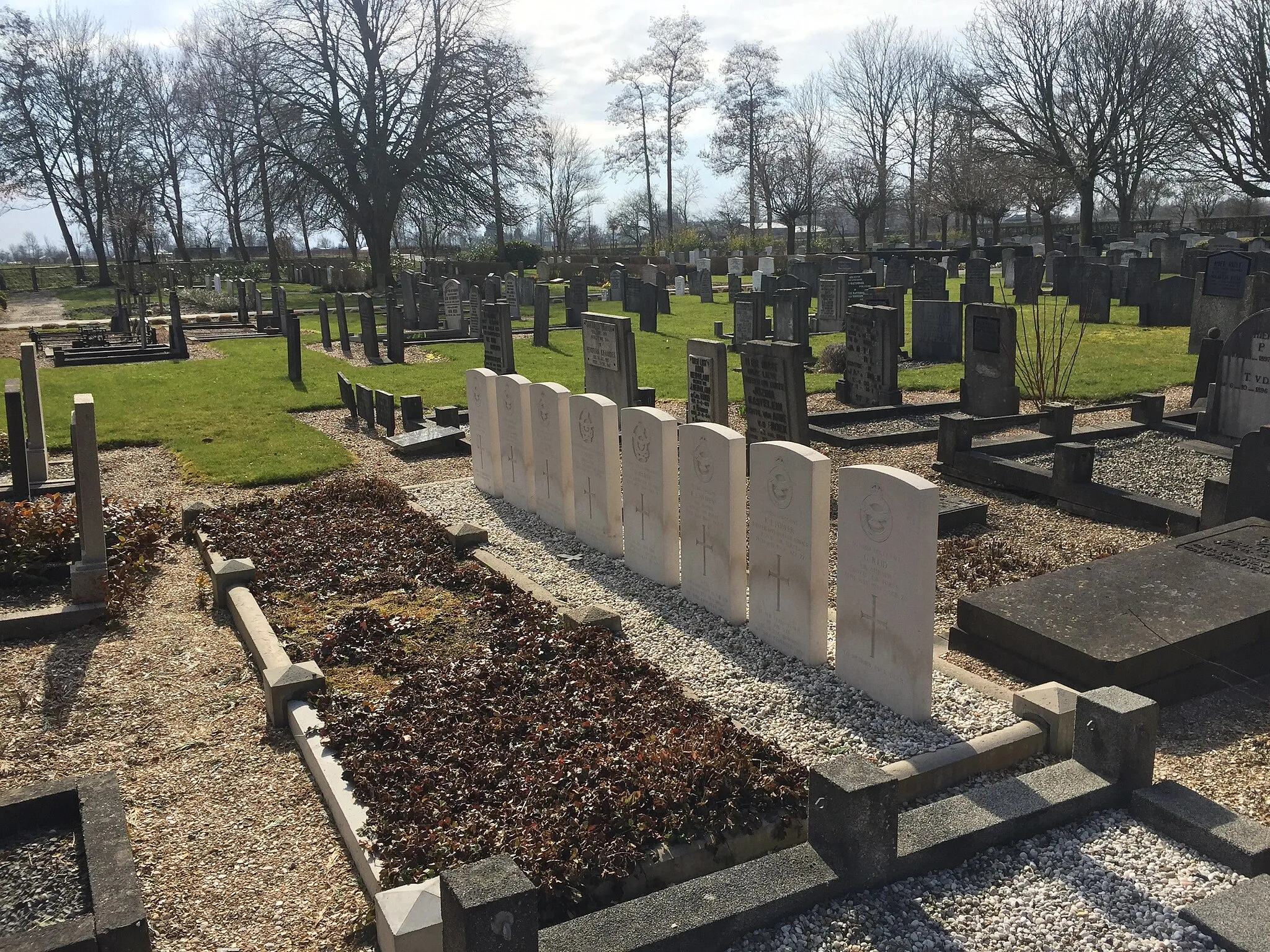 Photo showing: Commonwealth War Graves of eight Allied airmen in the Protestant cemetery of Middelharnis in South Holland, the Netherlands. All died on 28 May 1944. Seven served with 101 Squadron RAF. Five were members of the RAF Volunteer Reserve. Another was a member of the RAAF and another was a member of the RCAF.