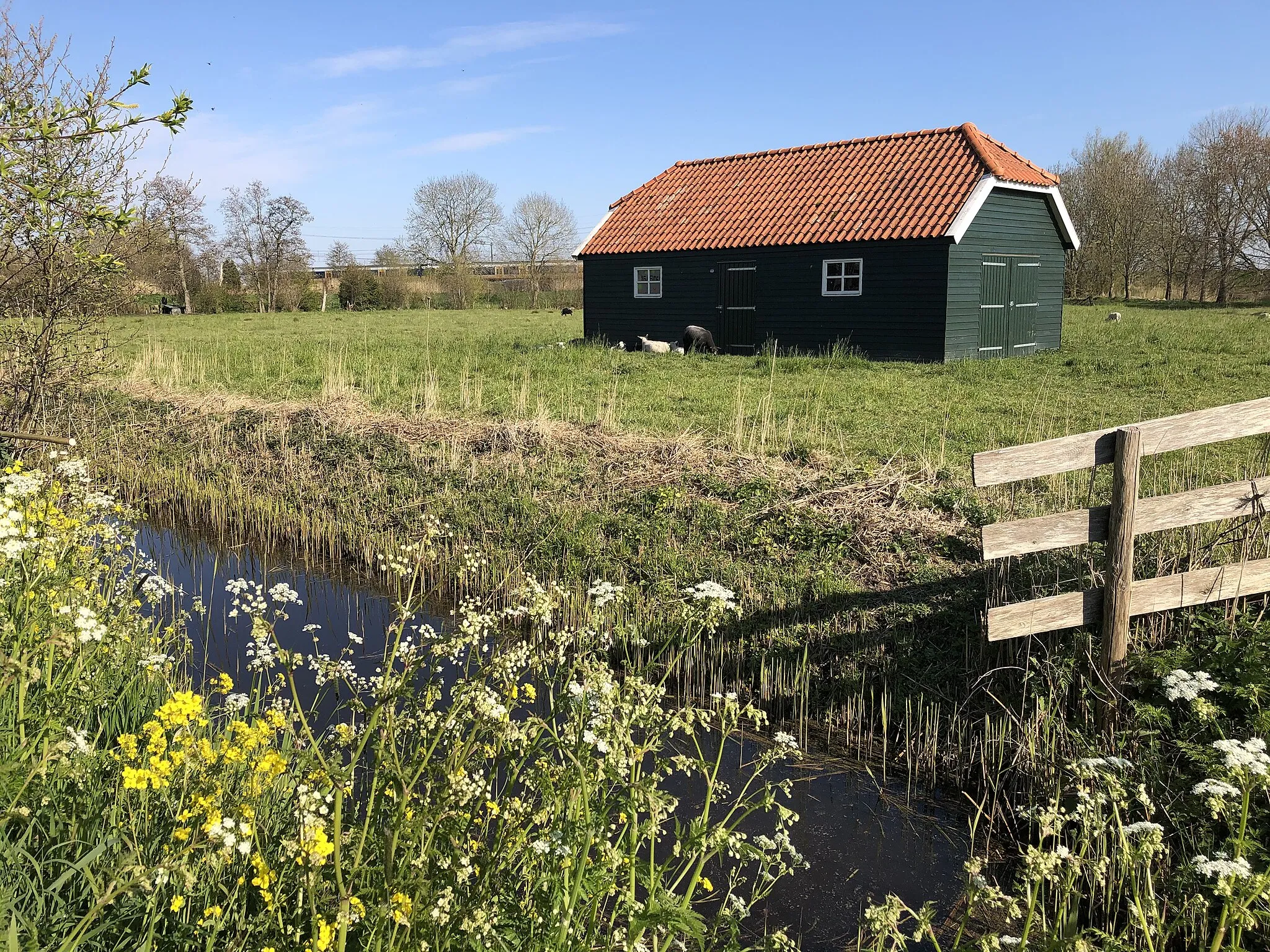 Photo showing: Spring in Hogebrug, a hamlet in the municipality Bodegraven-Reeuwijk (South Holland province, Netherlands). In the background the railway line from The Hague to Utrecht.