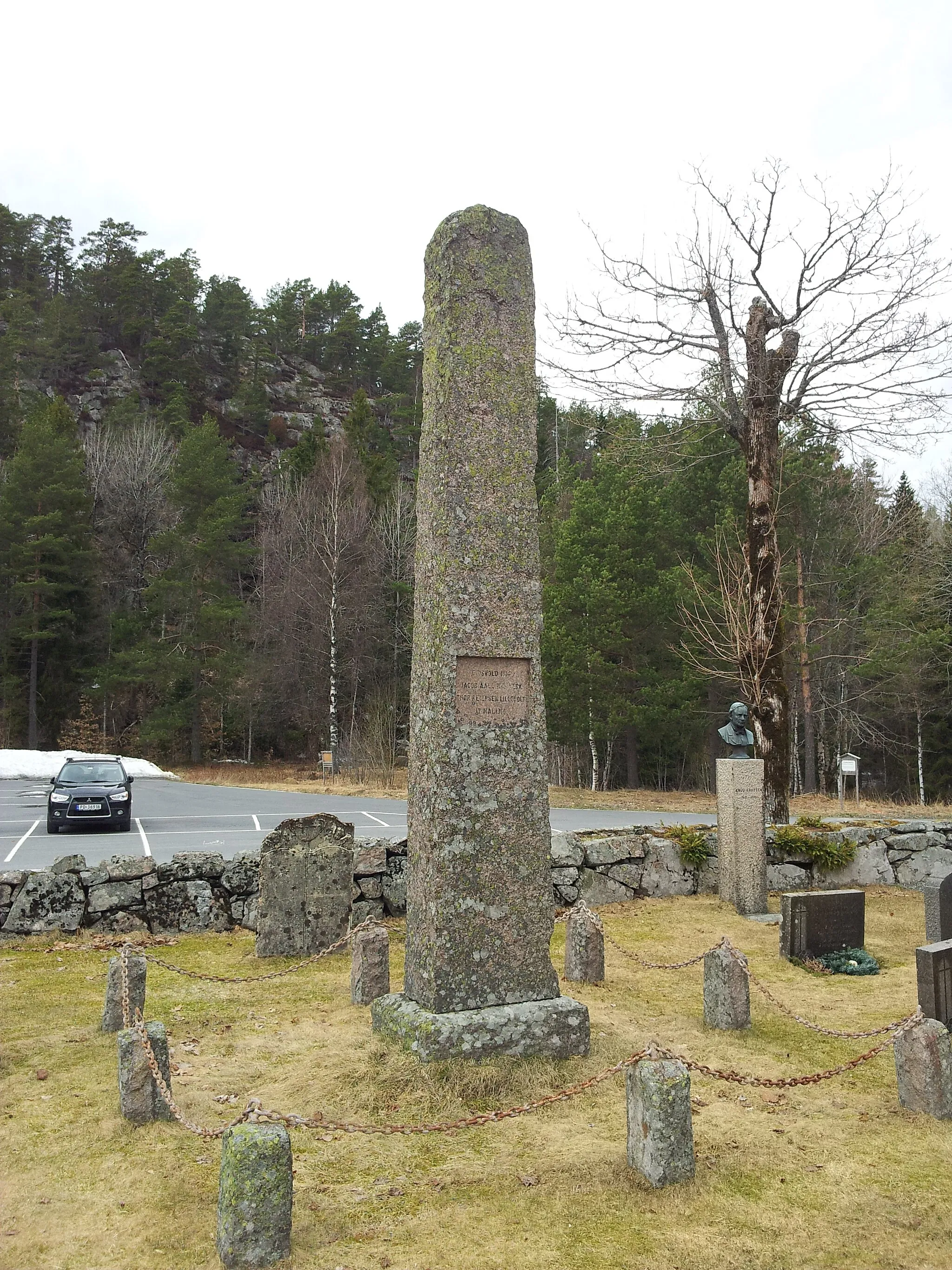 Photo showing: Støtte på Holt kirkegård med inskripsjonen: Eidsvoll 1814 - Jacob Aall Nesverk - Thor Reiersen Lilleholt - 17 mai 1814