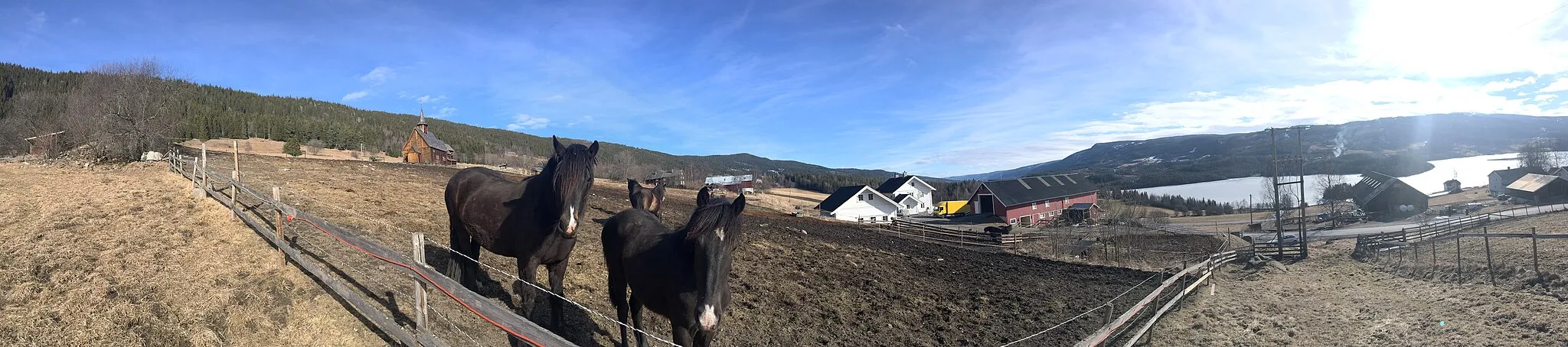 Photo showing: Horses on field in Vestre Slidre Municipality in County of Oppland, Norway. Lomen Stave Church (Lomen stavkyrkje/stavkrike) in the background. View towards Slidrefjorden. Distorted panorama photo March 29th, 2017.
Through dendrochronological dating this small church in the traditional region of Valdres has been dated to 1192, but the first reference in written sources is not until 1325 and 1334, at that time as "Hvams kirke". The church was rebuilt and enlarged in 1749.