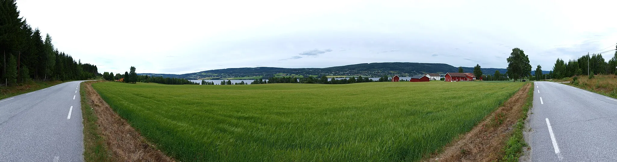 Photo showing: Panorama from no:Fluberg in no:Søndre Land, vest side of no:Randsfjorden. Stiched with en:Hugin.