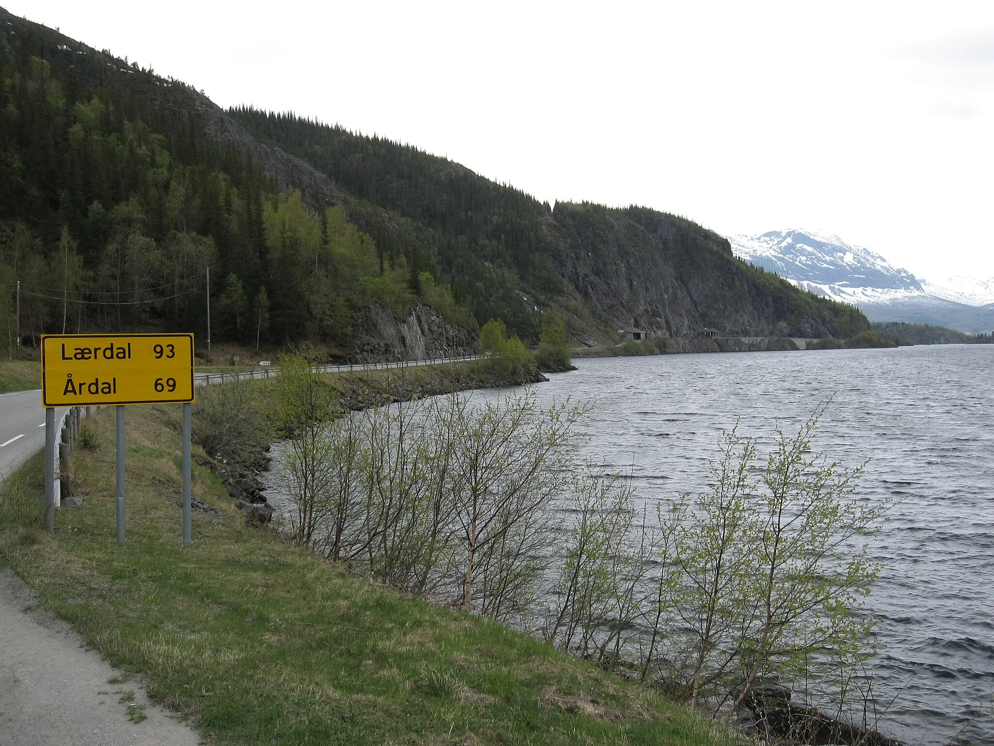 Photo showing: Making a brief stop along highway E16 at Neset, on the eastern end of Lake Vangsmjøsa in Vang, Oppland, to take in the view of the distant, snow-capped mountains. At this point we still had 93 km to drive, to reach Lærdal, and from there many more miles to reach our destination, Flåm.

Vangsmjøsa, also known as Vangsmjøse or Vangsmjøsi, is a lake in Oppland county, Norway, with a shoreline 47 km long and a largest depth of 154 meters. The lake surface is at an elevation of 466 m above sea level.