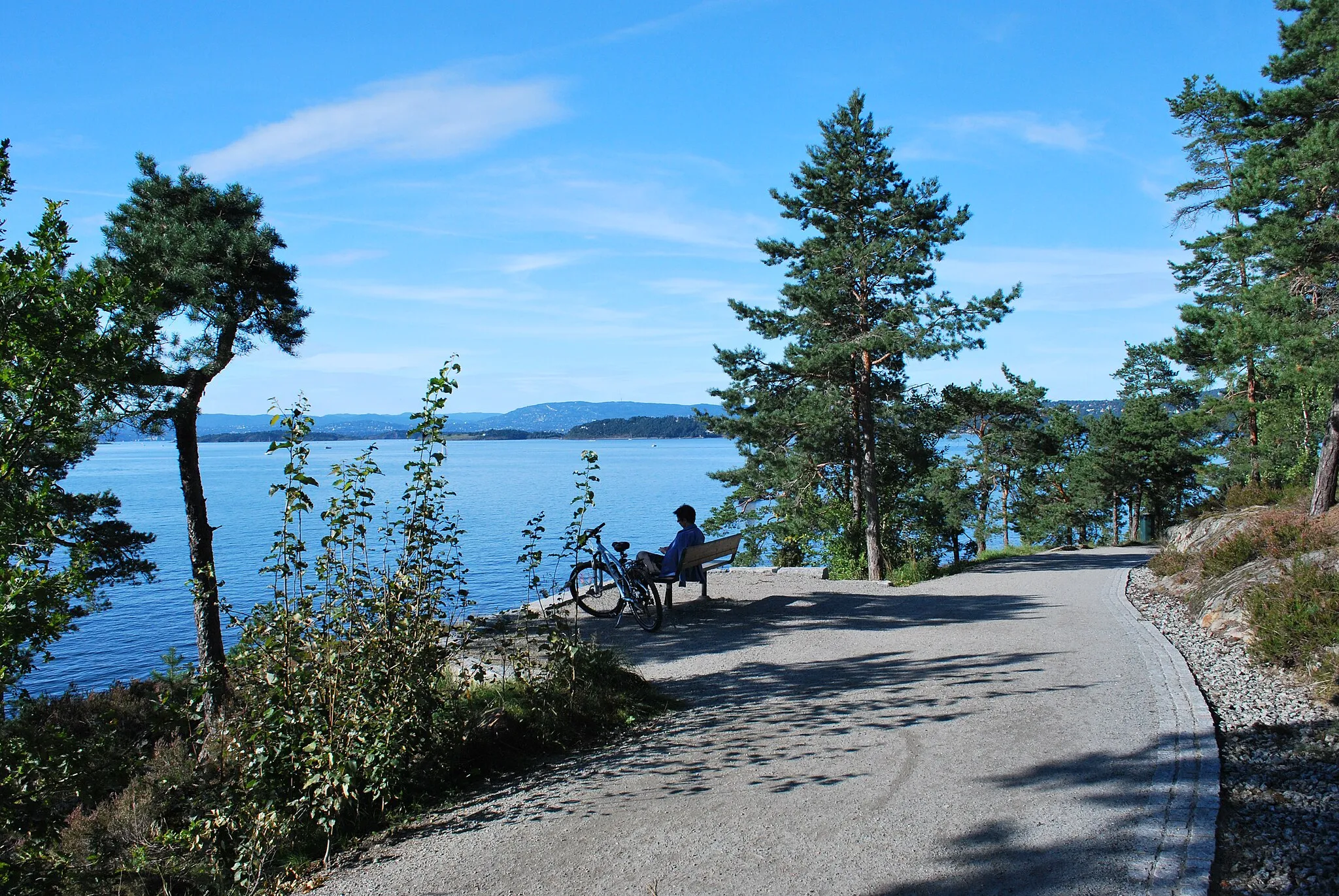 Photo showing: Ljanskollen, along the fjord south east of Oslo, view towards Oslo with the Holmenkollen Ski Jump in the middle of the picture