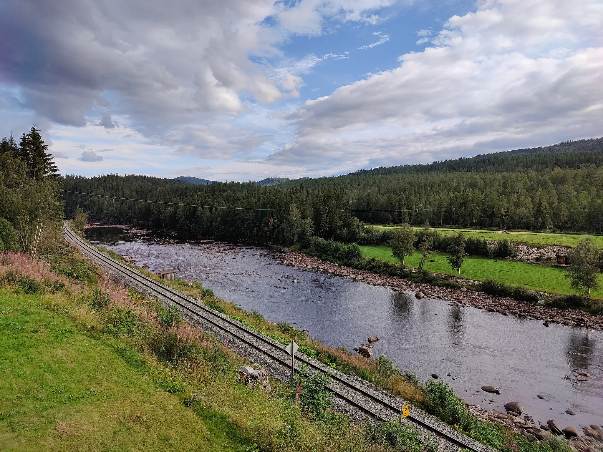 Photo showing: Gaula ved Stasjonshølen sett fra Langlete gjestehus, like øst for Langlete stasjon i Haltdalen