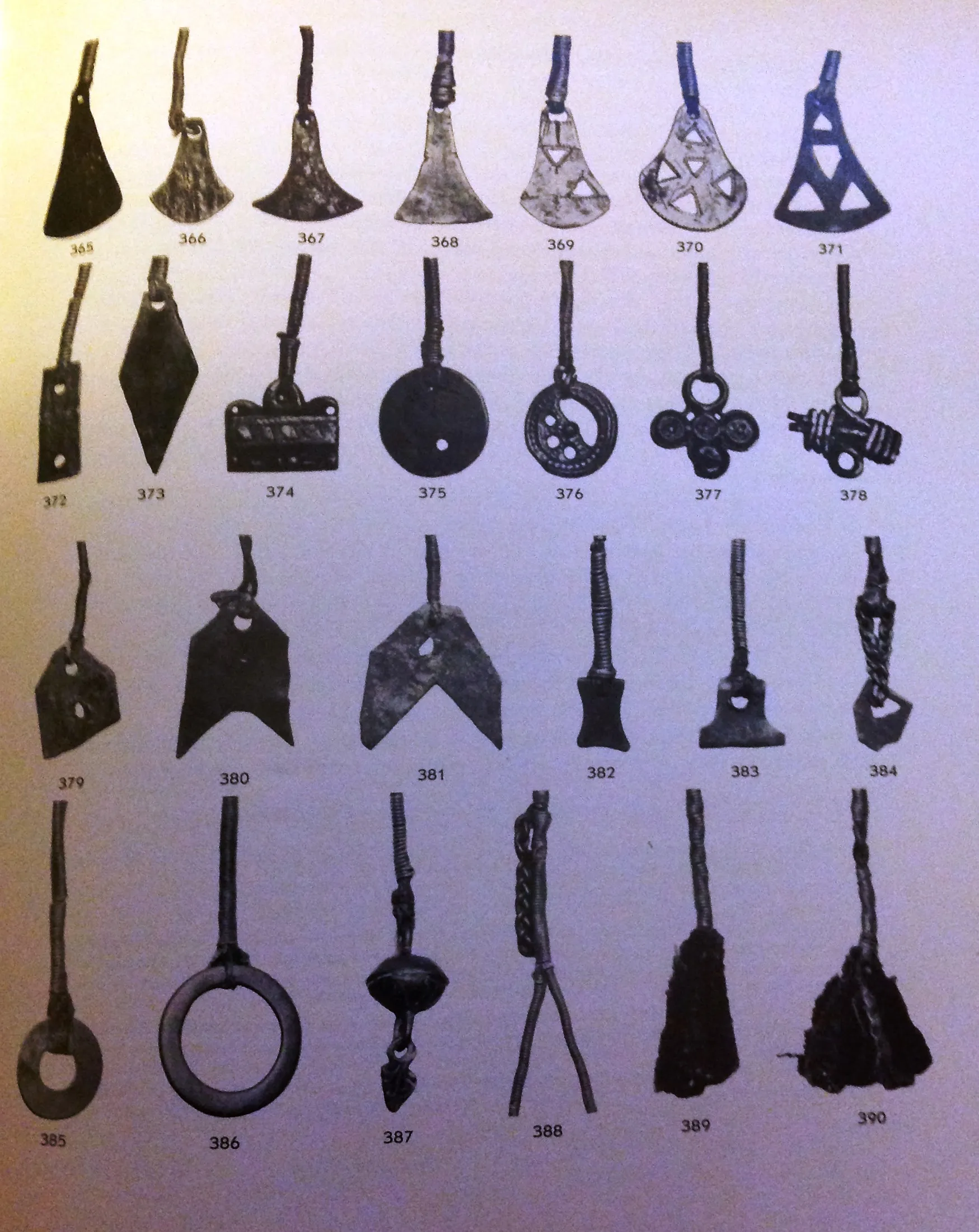 Photo showing: A selection of the 110 pendants attachted to the sami drum Frøyningsfjelltromma. Drum owned by Henneberger Museum since 1837. Confiscated in Norway or Sweden 1723.