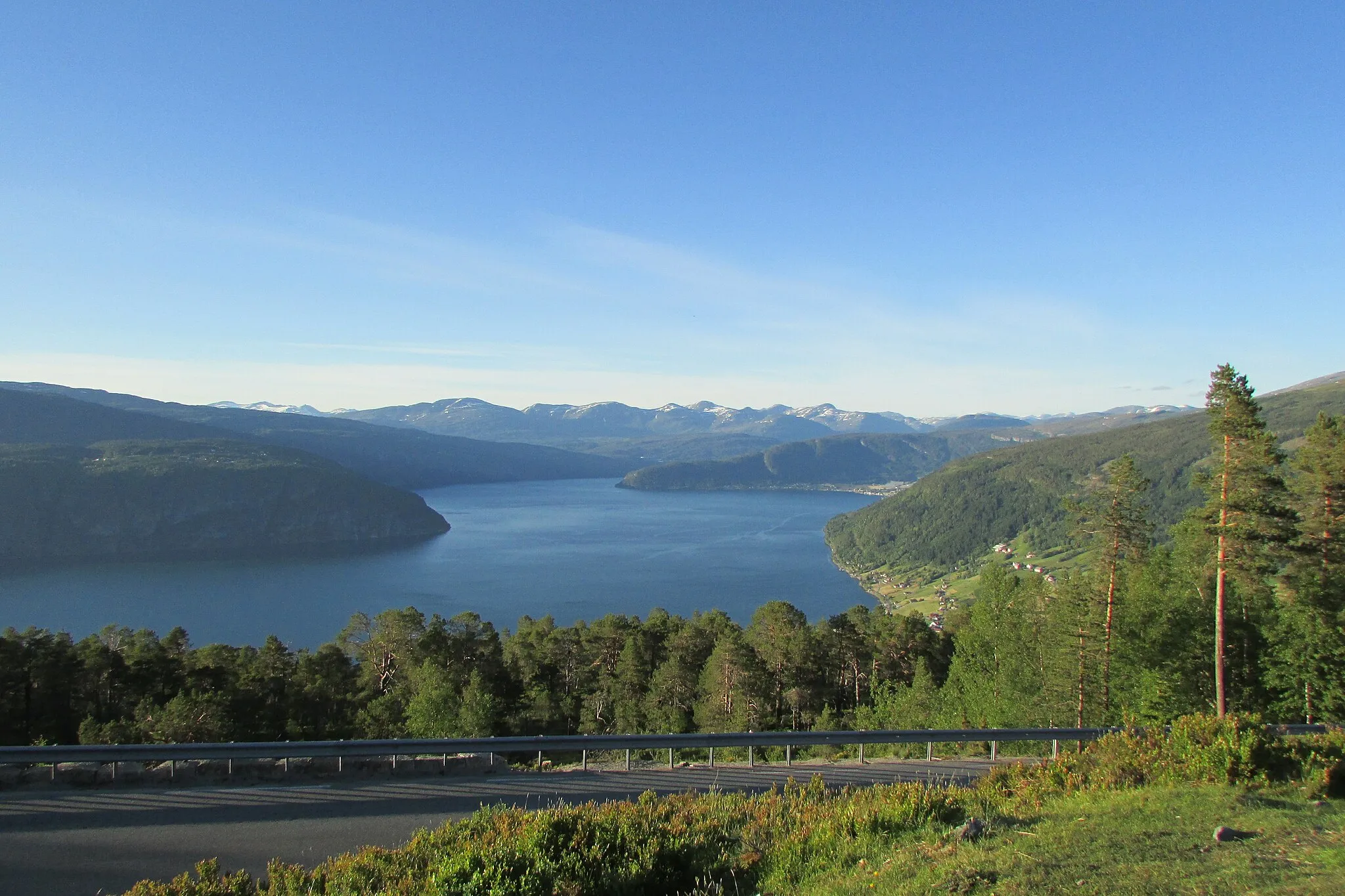 Photo showing: Innvikfjorden viewed from Utvikfjellet. Below is the village of Utvik. Farther away is Innvik.