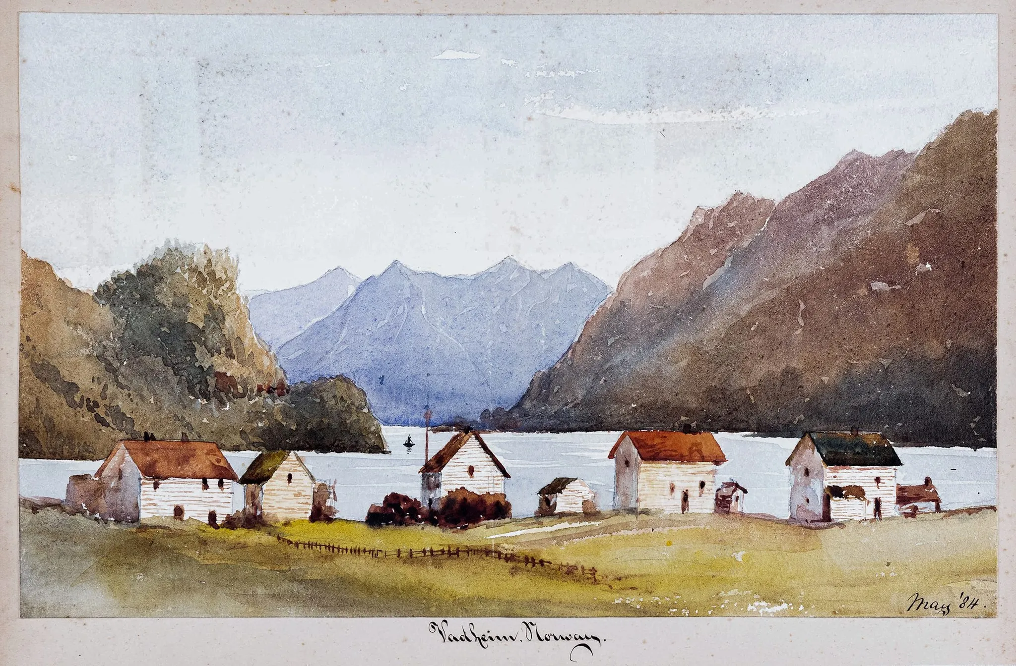 Photo showing: From an album offered for sale by Abbott and Holder in March 2020 when it was described as "An album of 28 watercolours of Norway signed and dated July 29th 1884 in the frontispiece. Mostly 4×7 and 7×9.75 inches."