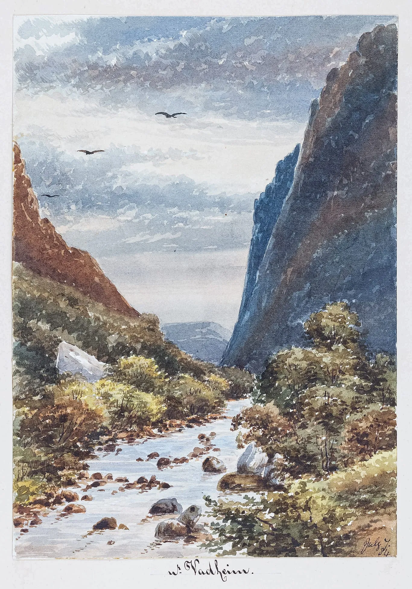 Photo showing: From an album offered for sale by Abbott and Holder in March 2020 when it was described as "An album of 28 watercolours of Norway signed and dated July 29th 1884 in the frontispiece. Mostly 4×7 and 7×9.75 inches."