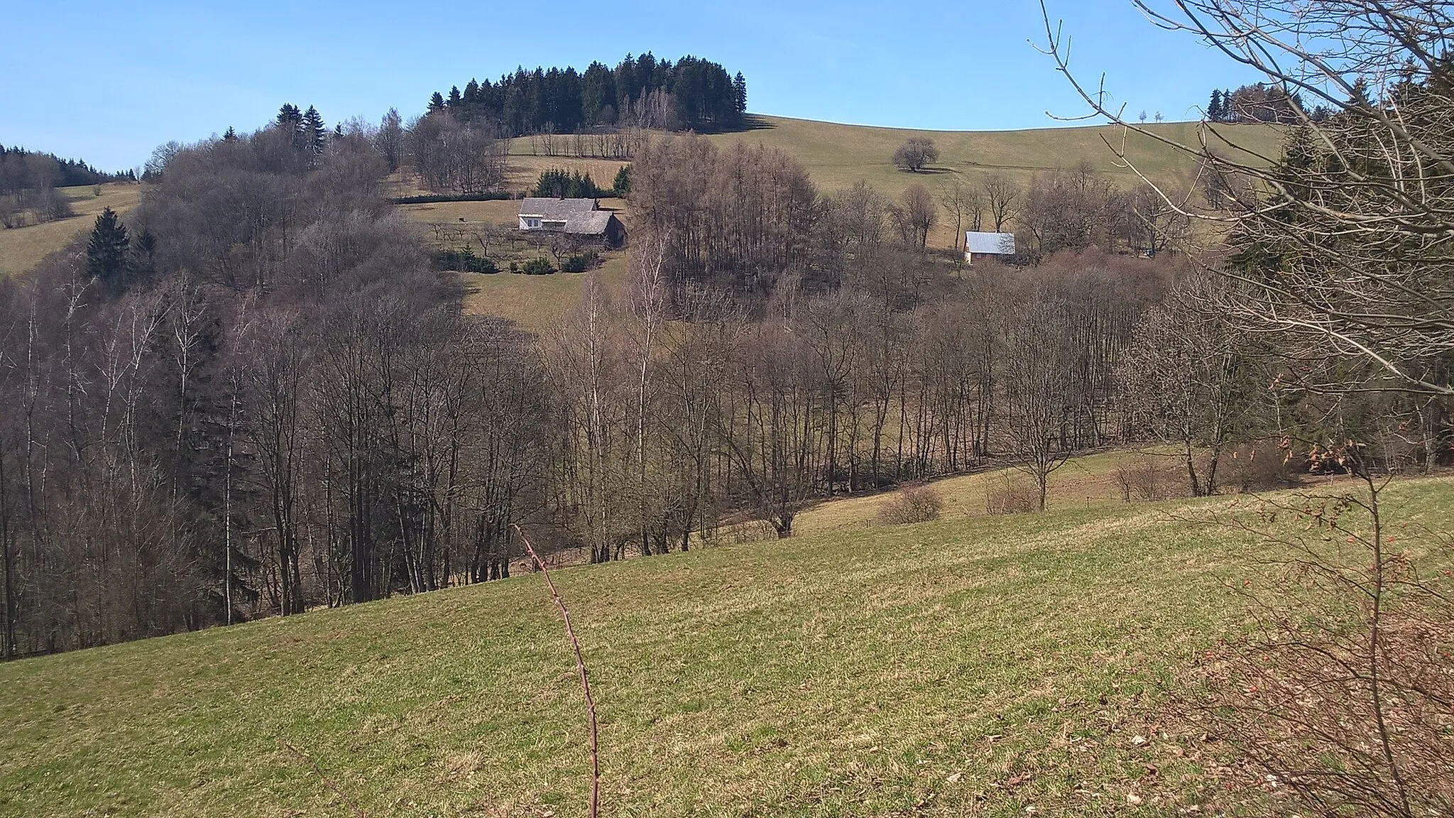 Photo showing: Kněžice u Vrchlabí - celkový pohled na ves od silničky z Vrchlabí (kolem kaple sv. Anny a 14 pomocníků)