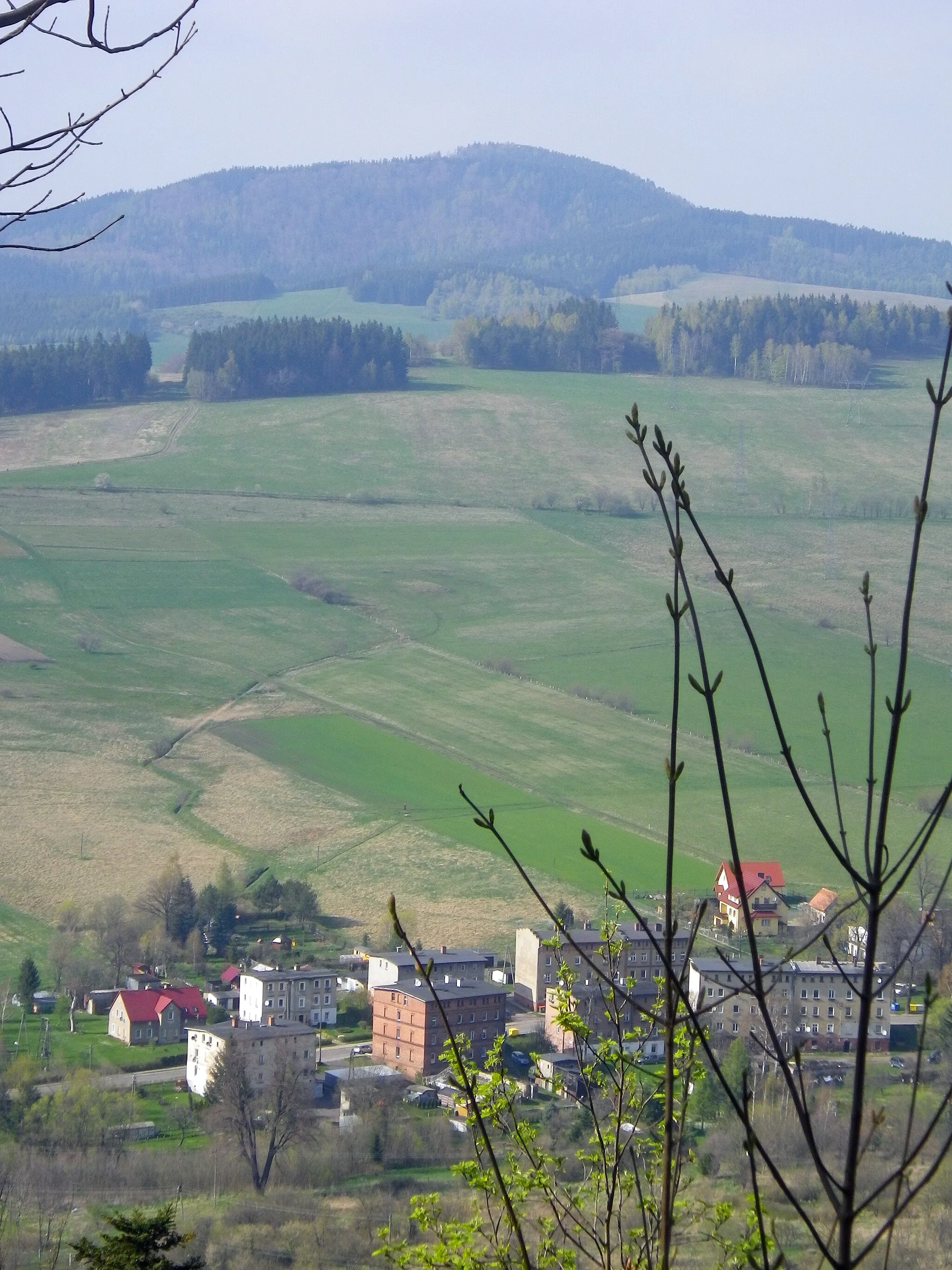 Photo showing: Kościuszki Street in Gorce (part of Boguszów-Gorce in Poland, Lower Silesia) seen from the slopes of Mniszek. Trójgarb peak in the background.