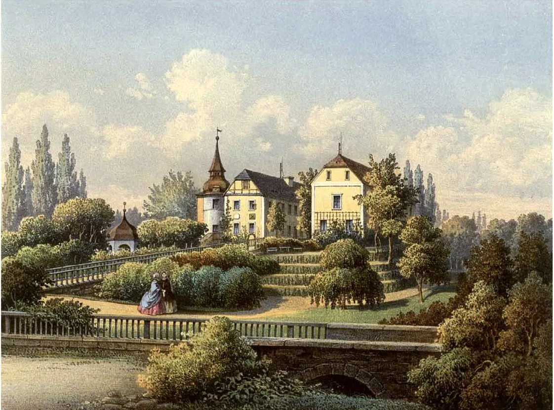 Photo showing: Schloss Adelsdorf, Kreis Goldberg-Hainau, Provinz Schlesien, Lithografie aus dem 19. Jahrhundert