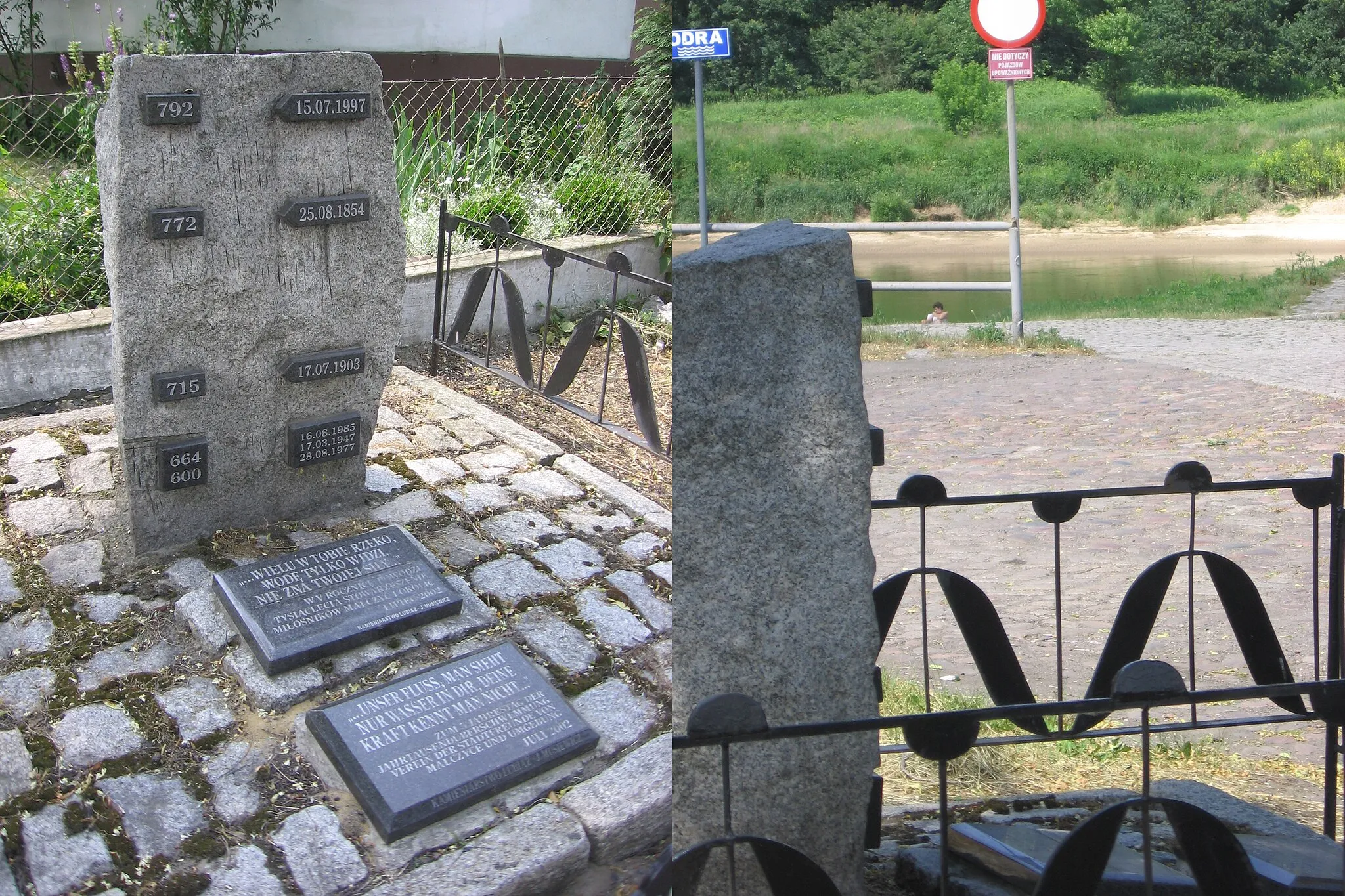 Photo showing: Malczyce (woj. dolnośląskie): kamień upamiętniający najwyższe zarejestrowane w ciągu XIX i XX wieku poziomy rzeki Odry w pobliżu dawnej przeprawy, gdzie umieszczony jest wodowskaz[1] po lewej - stany wód: 792 cm - 1997-07-15
772 cm - 1885-08-25
715 cm - 1903-07-17 po prawej widok od strony pomnika w kierunku rzeki i dawnej przeprawy promowej[2]