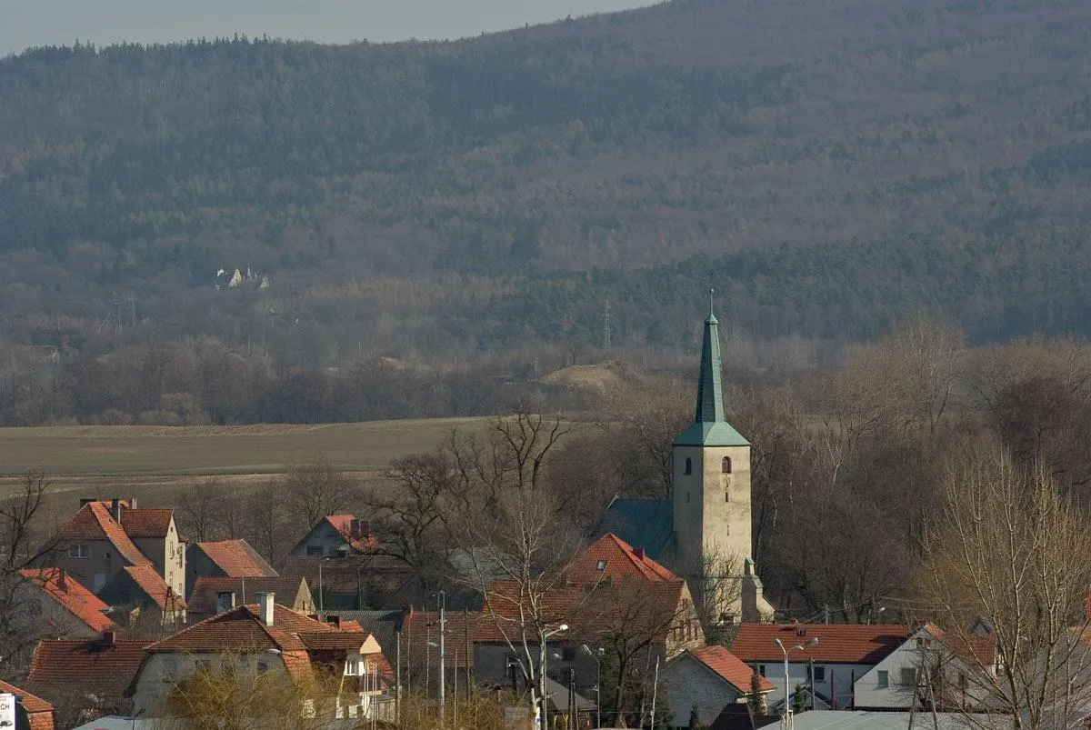 Photo showing: Strzelce - zabudowania w okolicy kościoła. W oddali widoczny zamek w Górce.