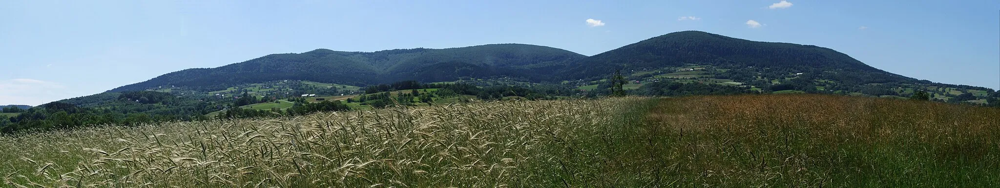 Photo showing: Pasmo Lubomira i Łysiny. Widok z szosy Wiśniowa-Lipnik. Od lewej strony Lubomir, Łysina i Kamiennik