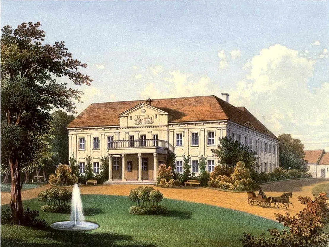 Photo showing: Schloss Quaritz, Kreis Glogau, Provinz Schlesien, Lithografie aus dem 19. Jahrhundert