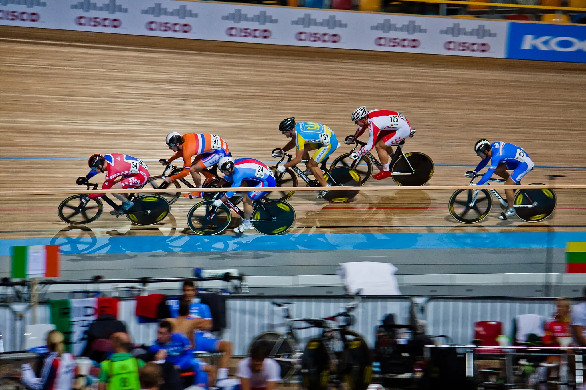 Photo showing: Men's keirin qualifying, heat 2. Matthew Crampton (GBR#, Hugo Haak #NED#, Adam Ptacnik #CZE#, Andril Kutsenko #UKR#, Kamil Kuczynski #POL# & Francesco Ceci #ITA).

At the 2011 European Elite Track Cycling Championships in Apeldoorn, Netherlands.