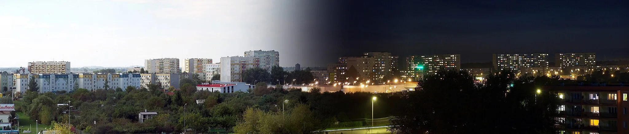 Photo showing: Skyline of the Rąbin estate in Inowrocław by day and night.