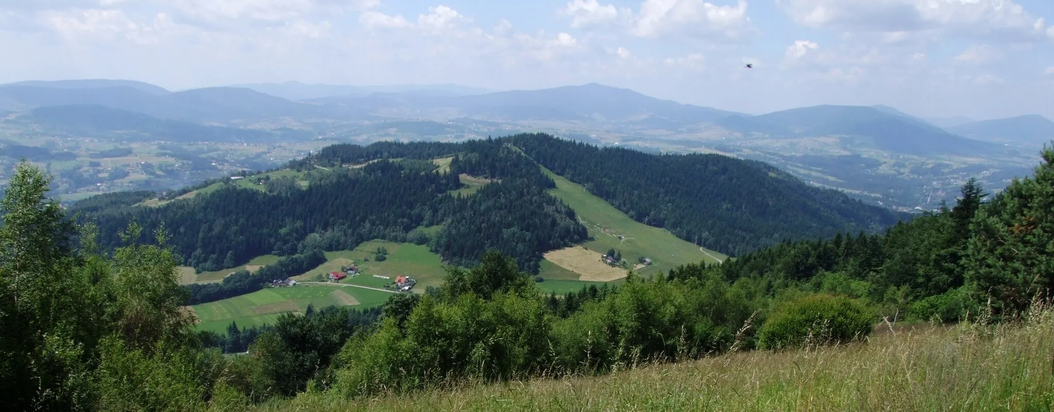 Photo showing: Polana Stoły na Sałaszu Zachodnim i widok na południową stronę (w dole widoczna Łysa Góra, w oddali inne wzniesienia Beskidu Wyspowego) - przycięta