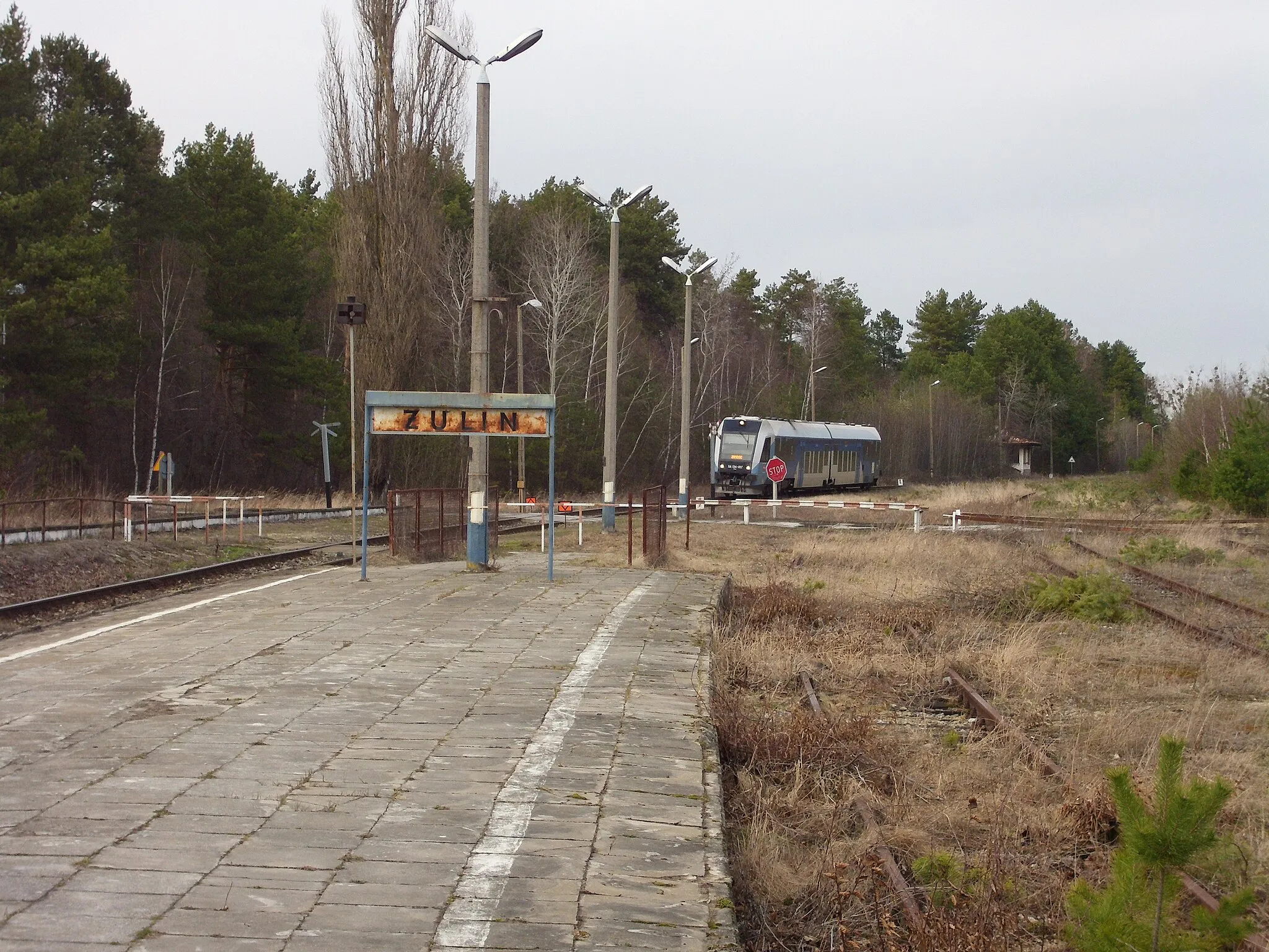 Photo showing: Passenger train (diesel railcar SA134-017) from Rejowiec arriving at a station in Żulin, Poland, on route 69.