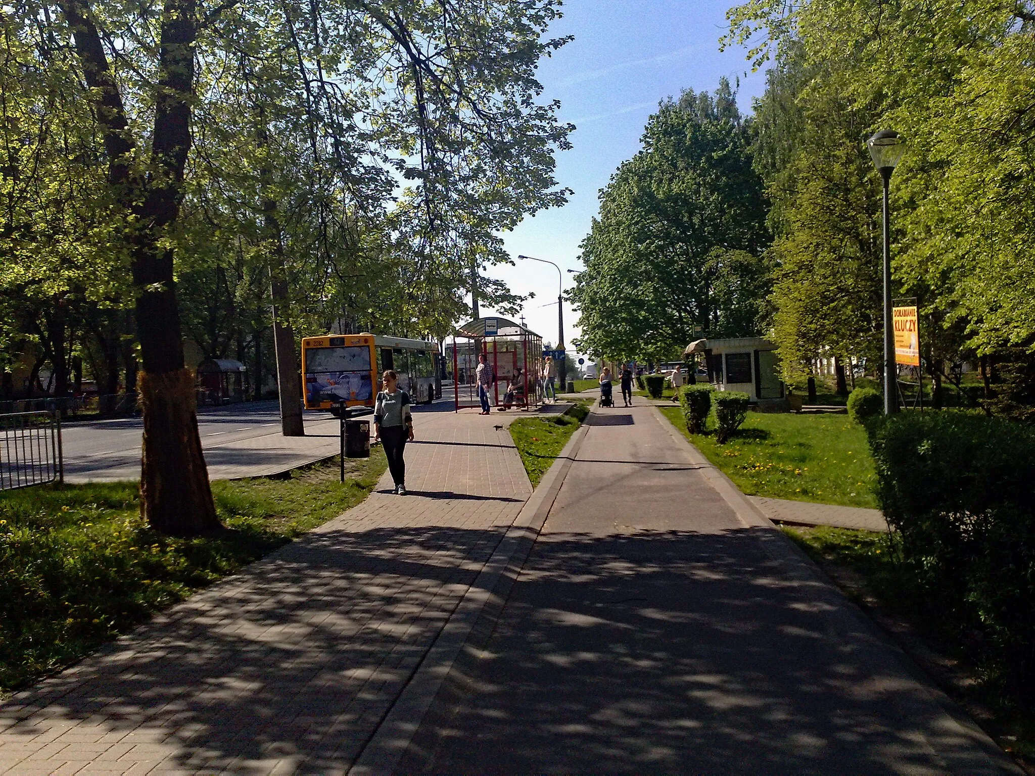 Photo showing: Public transport stop in Lublin - an example of a solution financed from the European Union. Someone approved. Pedestrians must block the disembarking zone of passengers, or enter the lawn as a group of cyclists passes with presumed priority.